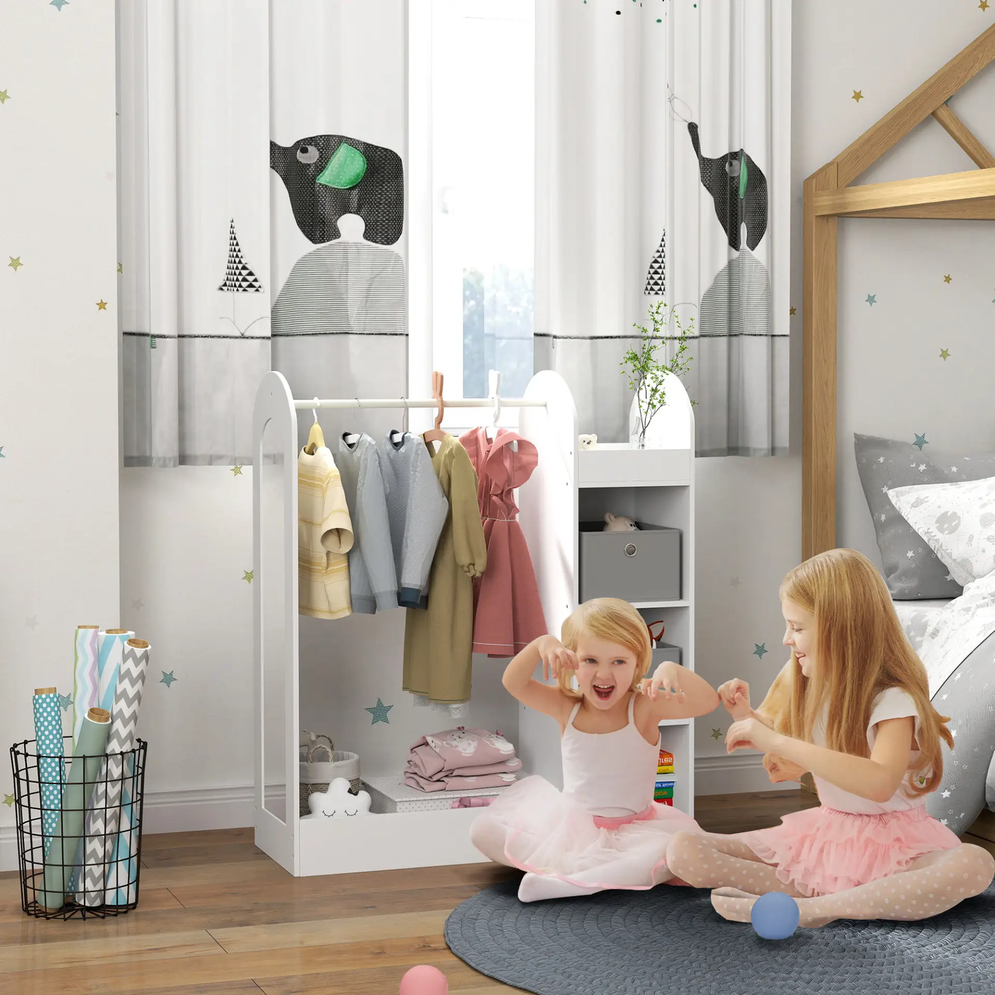 AIYAPLAY Kids Clothes Rail with Storage Shelf, Boxes, Mirror for Bedroom, Nursery, White by All Mart Bristol Ltd