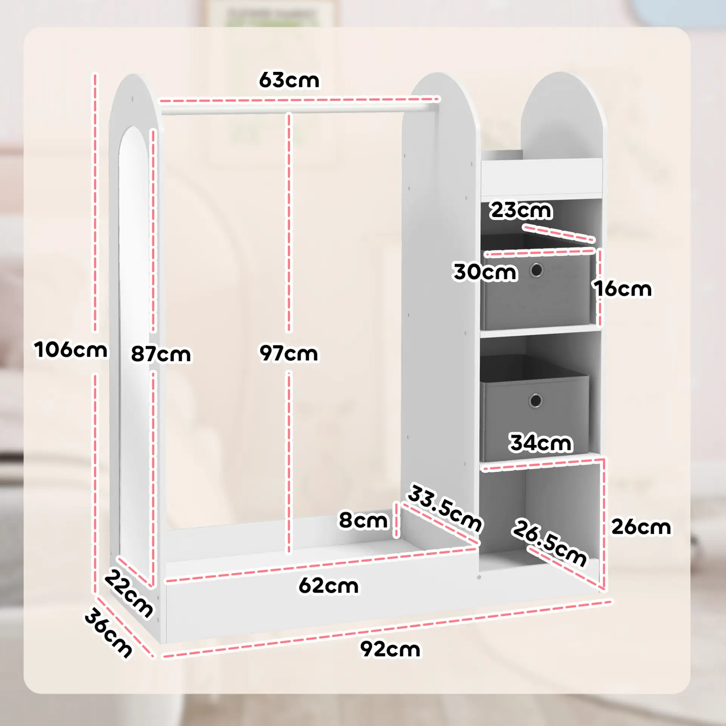 AIYAPLAY Kids Clothes Rail with Storage Shelf, Boxes, Mirror for Bedroom, Nursery, White by All Mart Bristol Ltd