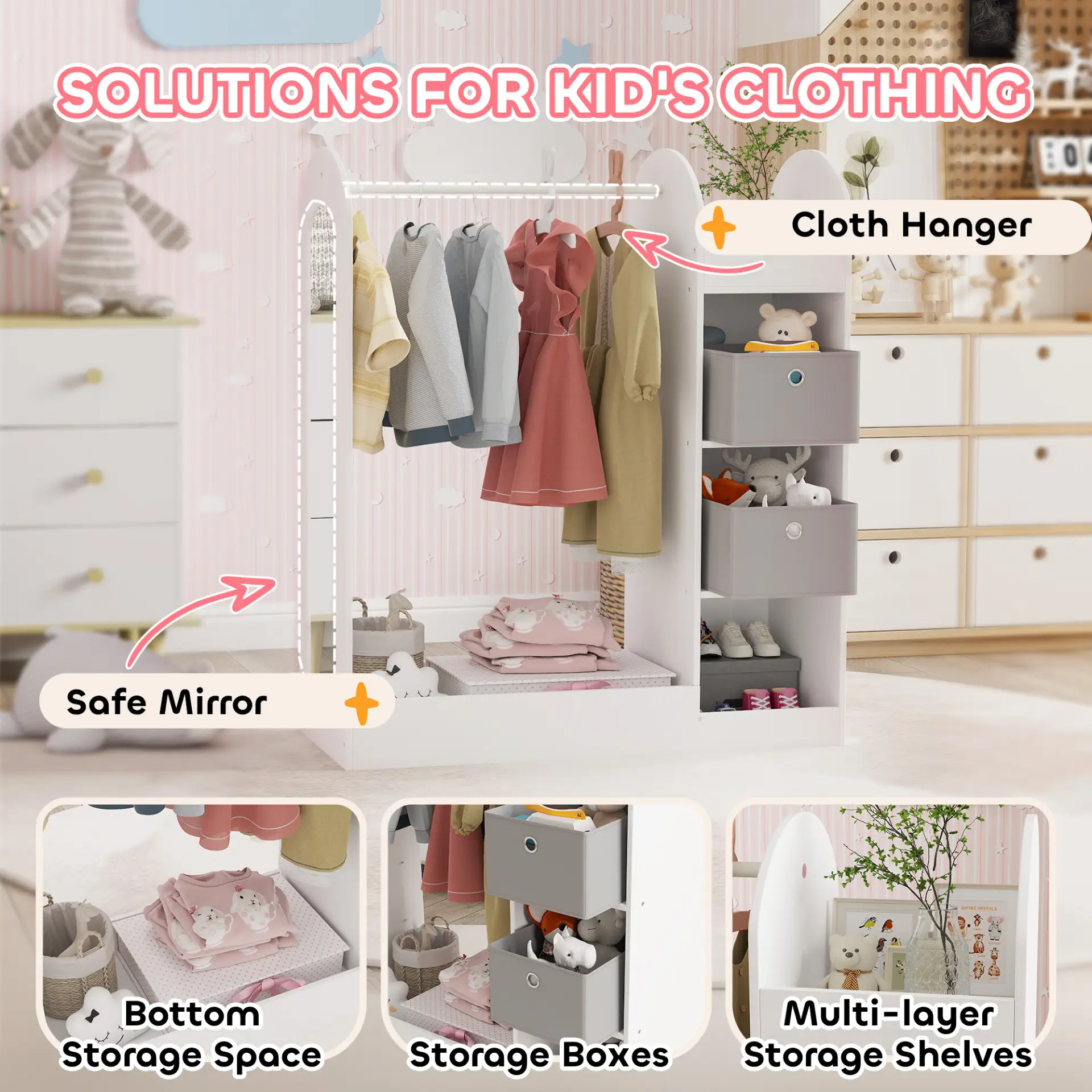 AIYAPLAY Kids Clothes Rail with Storage Shelf, Boxes, Mirror for Bedroom, Nursery, White by All Mart Bristol Ltd