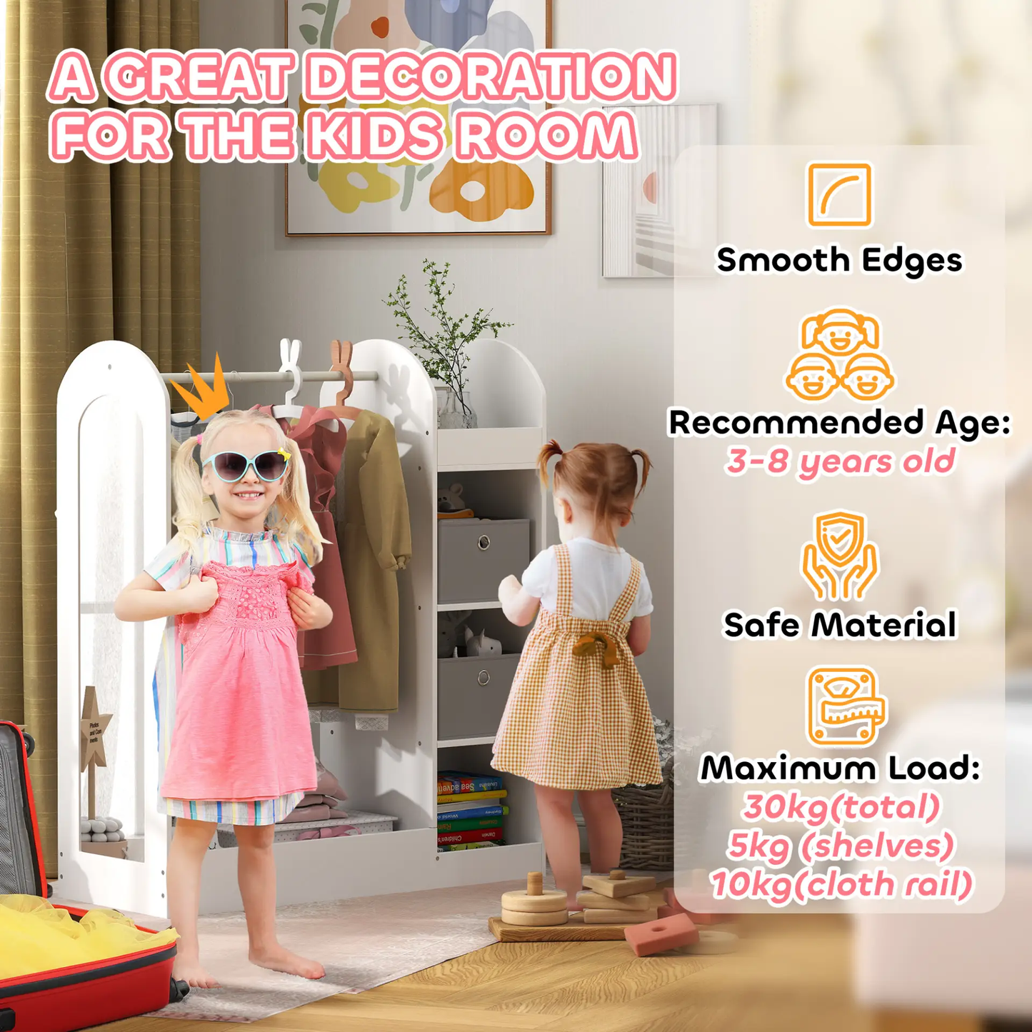 AIYAPLAY Kids Clothes Rail with Storage Shelf, Boxes, Mirror for Bedroom, Nursery, White by All Mart Bristol Ltd
