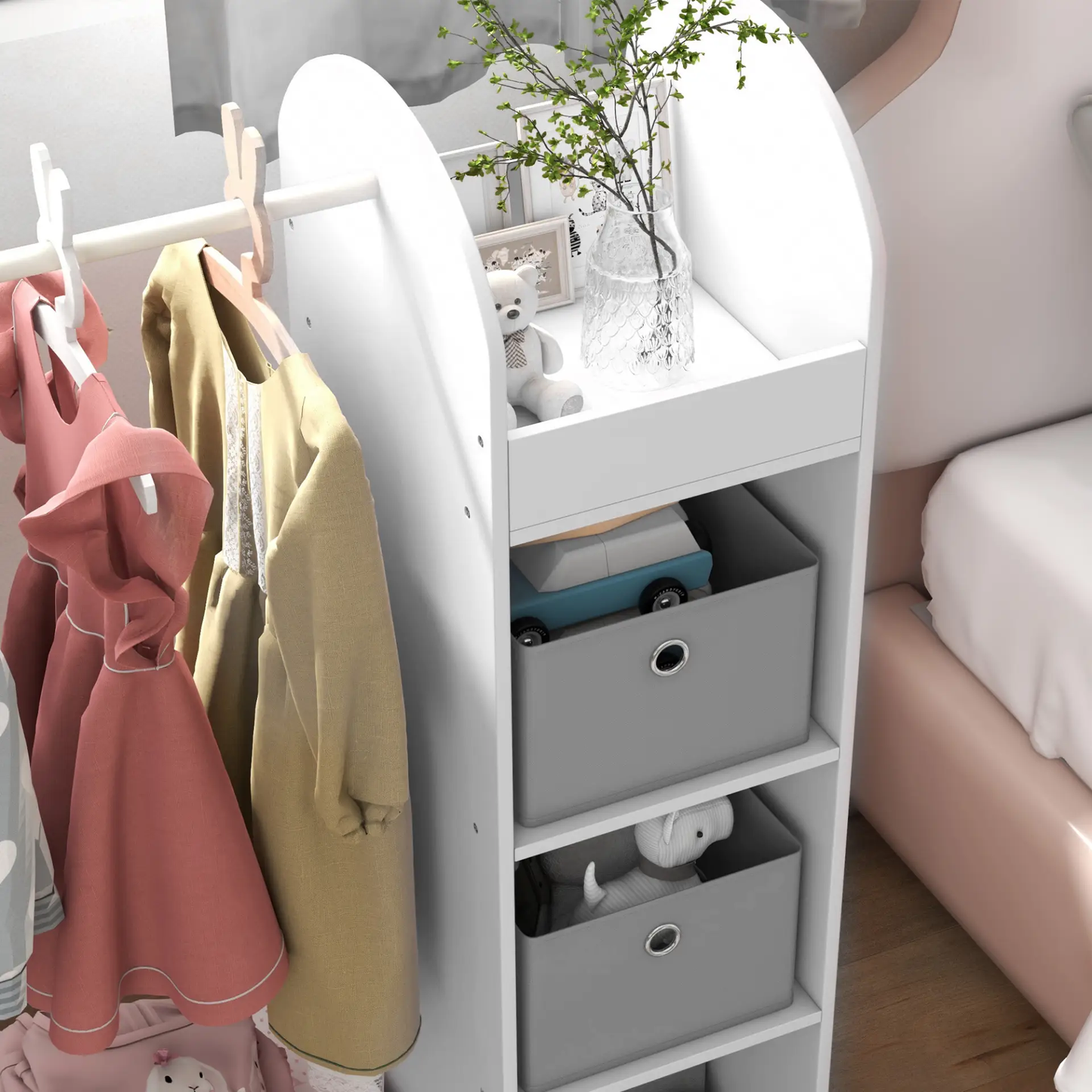 AIYAPLAY Kids Clothes Rail with Storage Shelf, Boxes, Mirror for Bedroom, Nursery, White by All Mart Bristol Ltd
