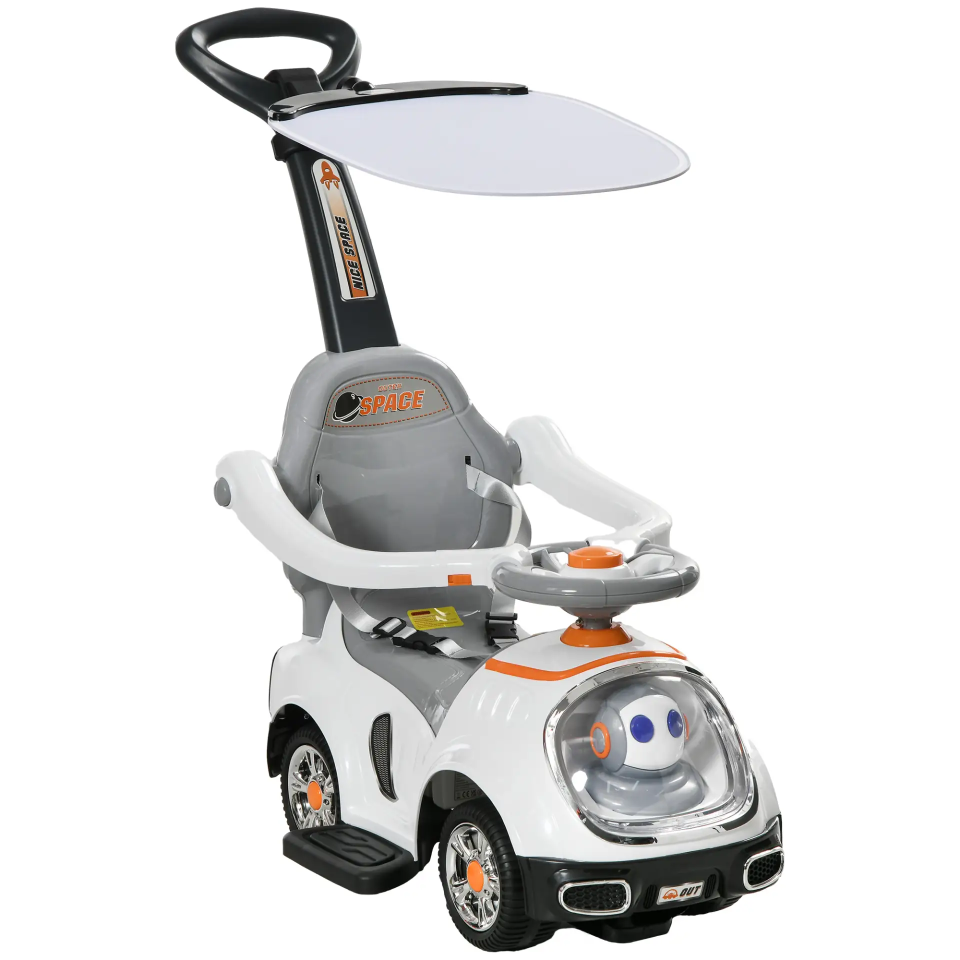 AIYAPLAY 3 in 1 Ride on Push Car, Cartoon Robot Theme Foot to Floor Slider w/ Handle Light Music Horn, Storage - White by All Mart Bristol Ltd