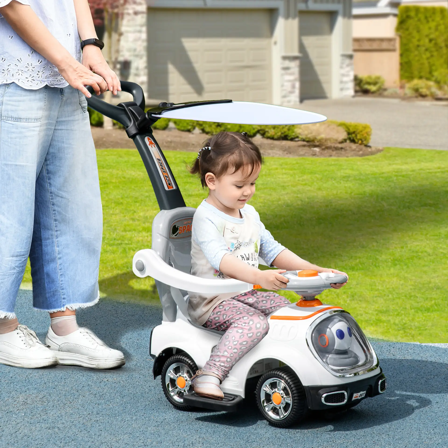 AIYAPLAY 3 in 1 Ride on Push Car, Cartoon Robot Theme Foot to Floor Slider w/ Handle Light Music Horn, Storage - White by All Mart Bristol Ltd