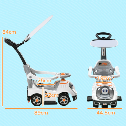 AIYAPLAY 3 in 1 Ride on Push Car, Cartoon Robot Theme Foot to Floor Slider w/ Handle Light Music Horn, Storage - White by All Mart Bristol Ltd