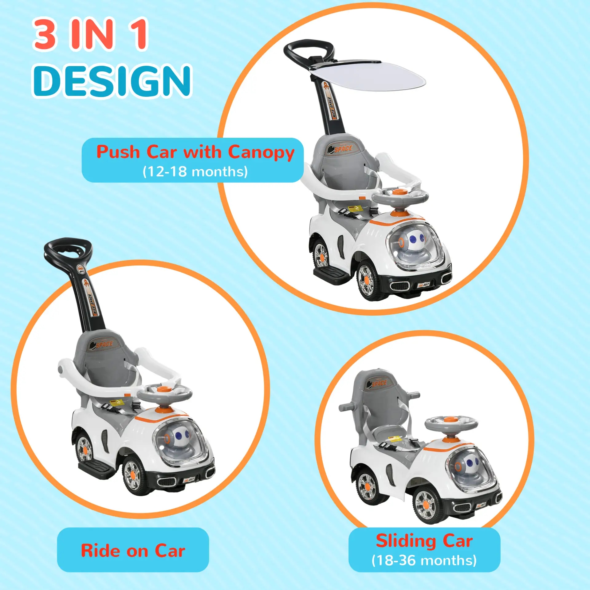 AIYAPLAY 3 in 1 Ride on Push Car, Cartoon Robot Theme Foot to Floor Slider w/ Handle Light Music Horn, Storage - White by All Mart Bristol Ltd