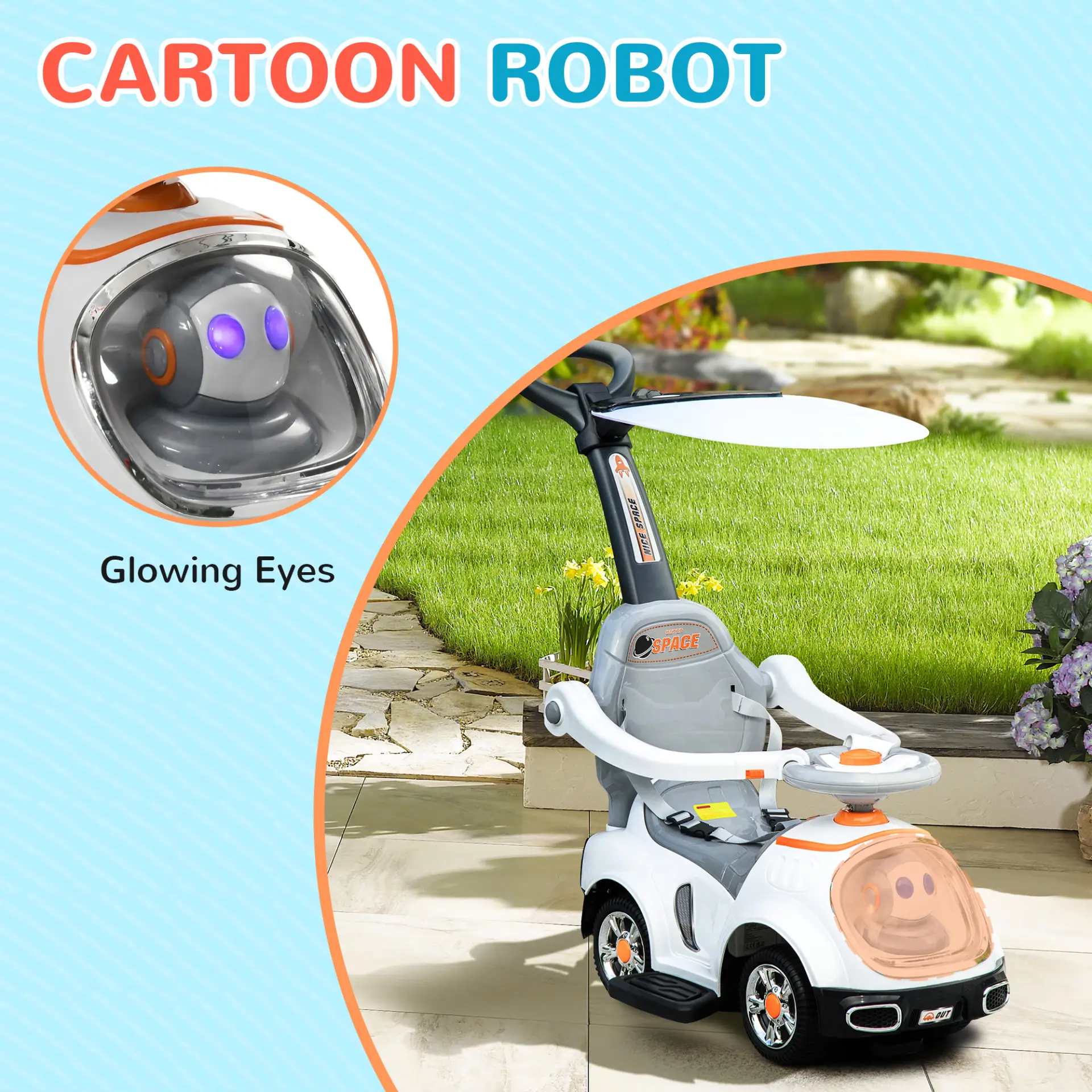 AIYAPLAY 3 in 1 Ride on Push Car, Cartoon Robot Theme Foot to Floor Slider w/ Handle Light Music Horn, Storage - White by All Mart Bristol Ltd