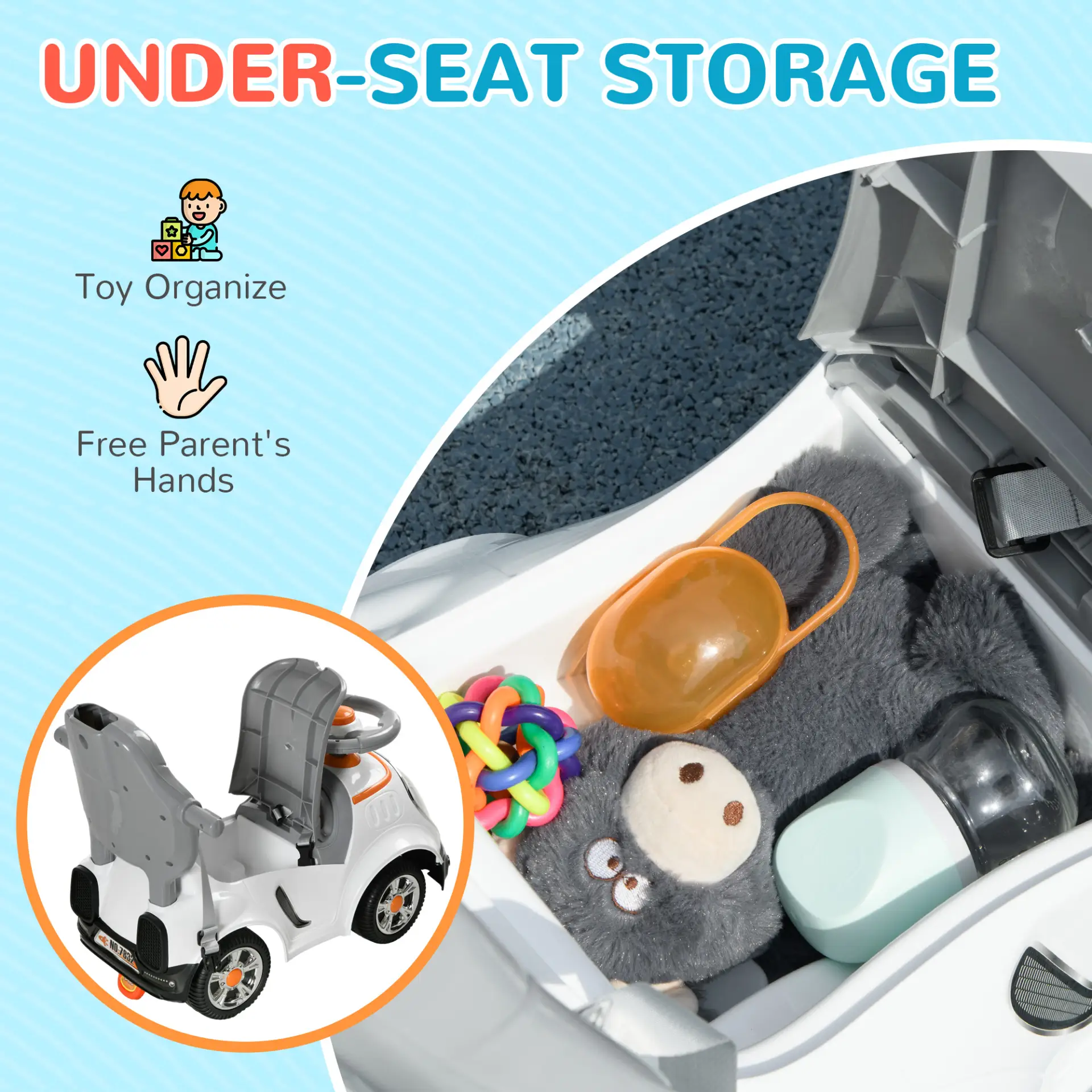 AIYAPLAY 3 in 1 Ride on Push Car, Cartoon Robot Theme Foot to Floor Slider w/ Handle Light Music Horn, Storage - White by All Mart Bristol Ltd