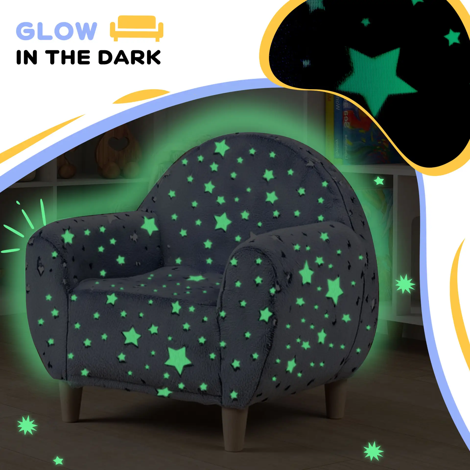 AIYAPLAY Kids Armchair, Glow in the Dark Chair with Star Design for Bedroom, Playroom, Kids Room, Grey by All Mart Bristol Ltd