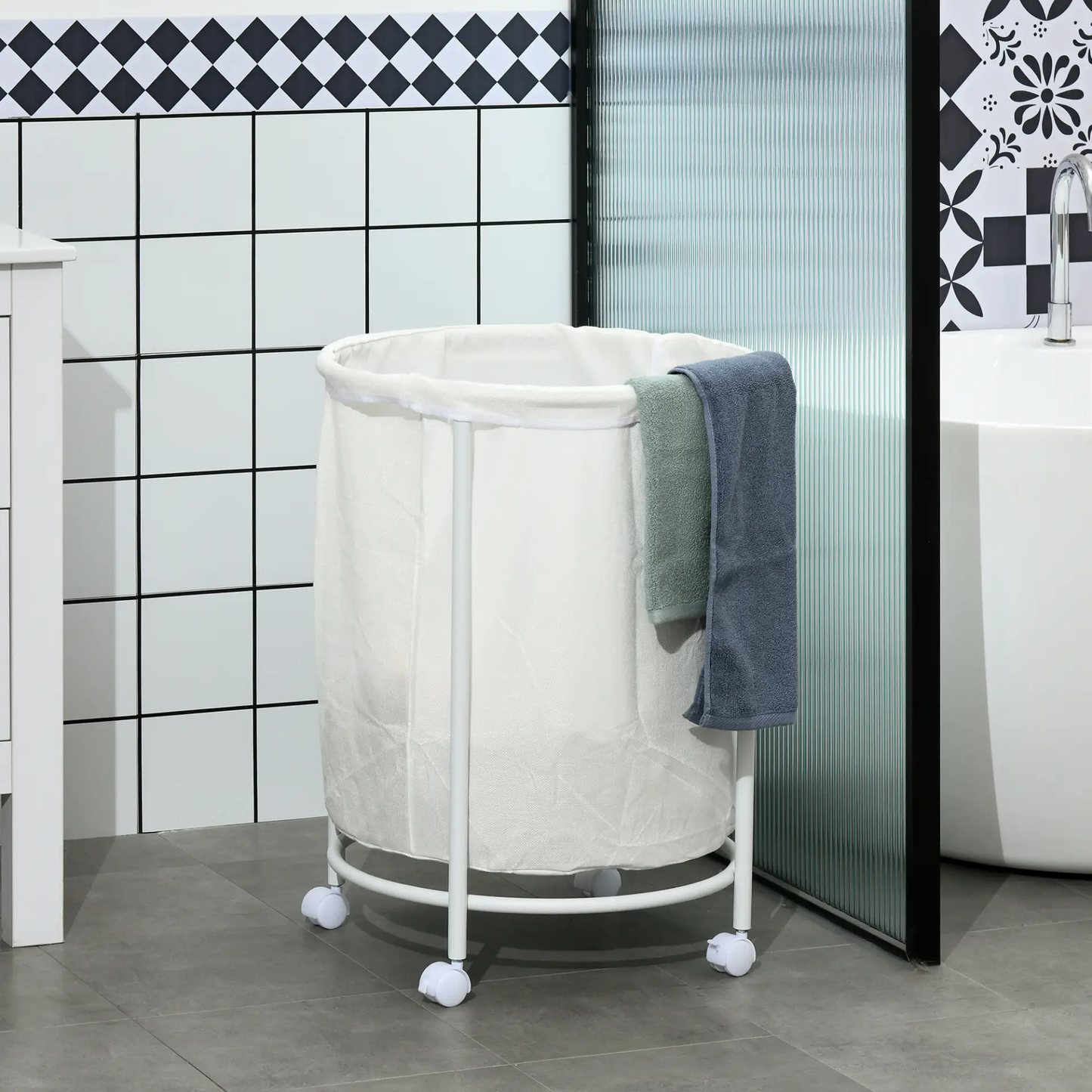 HOMCOM 100L Steel Frame Laundry Bin, with Wheels - White by All Mart Bristol Ltd