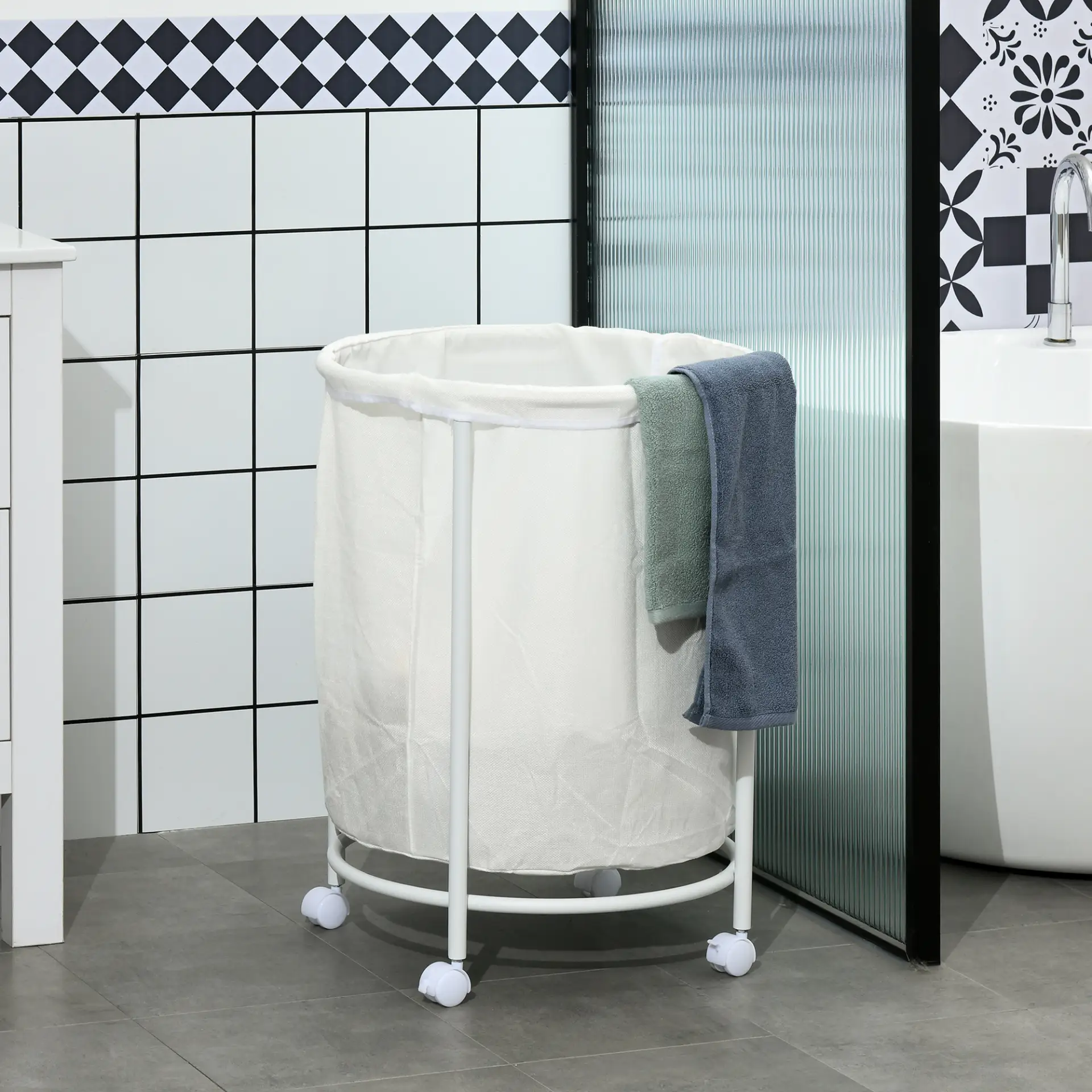 HOMCOM 100L Steel Frame Laundry Bin, with Wheels - White by All Mart Bristol Ltd