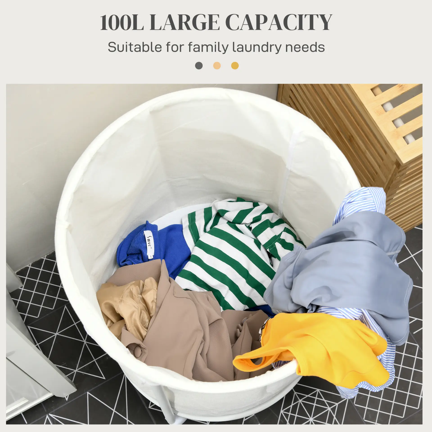 HOMCOM 100L Steel Frame Laundry Bin, with Wheels - White by All Mart Bristol Ltd