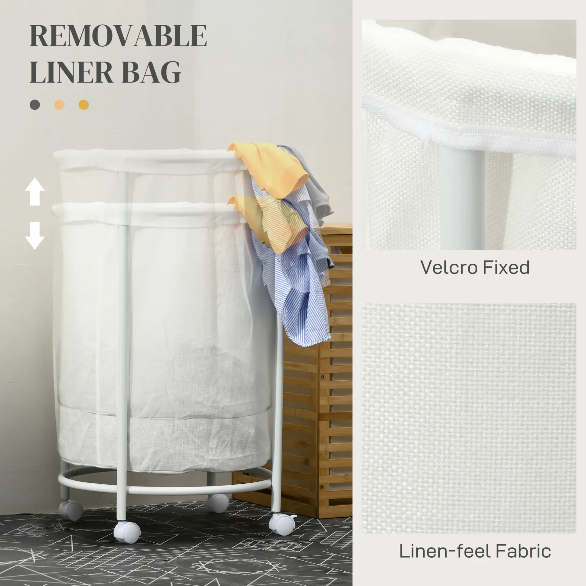 HOMCOM 100L Steel Frame Laundry Bin, with Wheels - White by All Mart Bristol Ltd