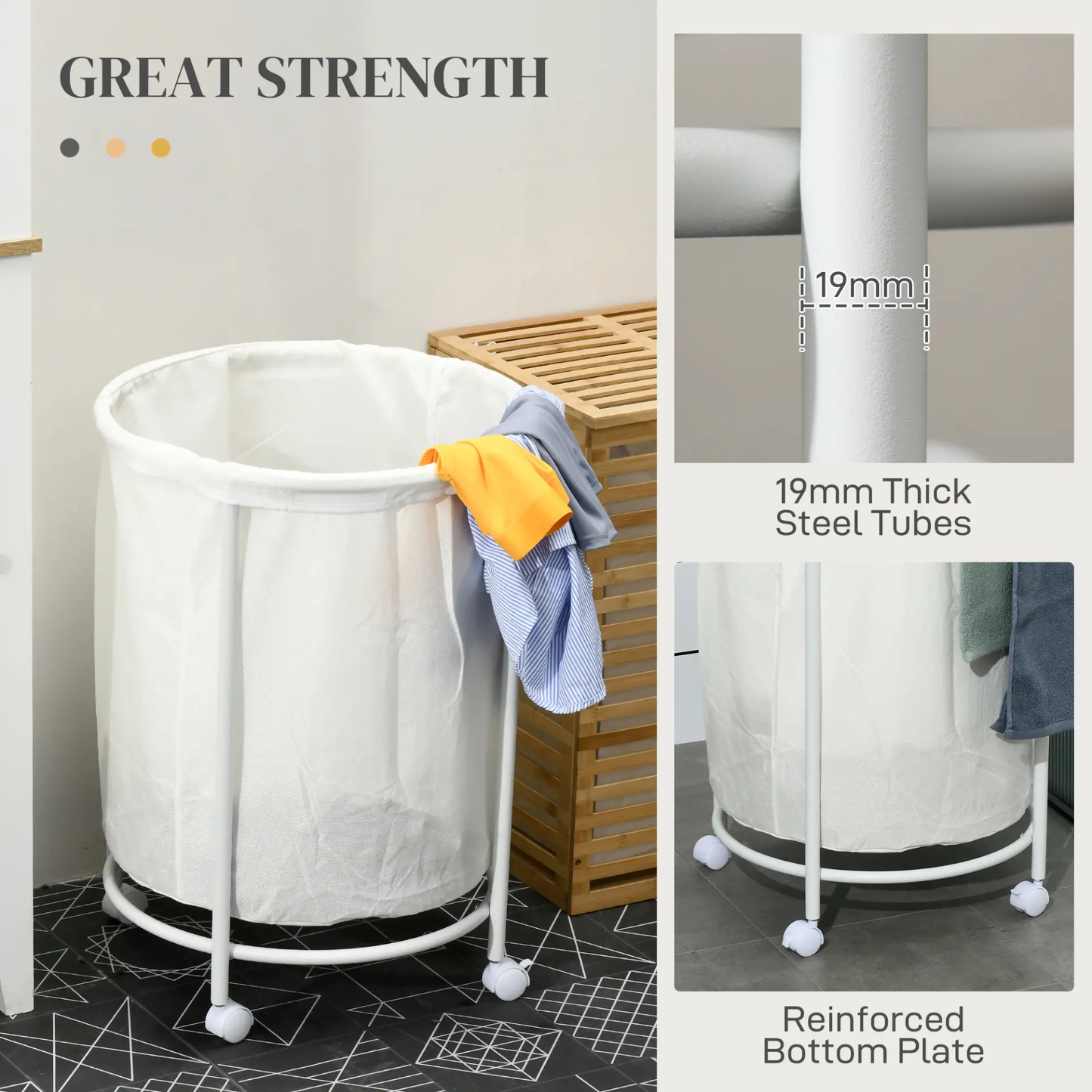 HOMCOM 100L Steel Frame Laundry Bin, with Wheels - White by All Mart Bristol Ltd