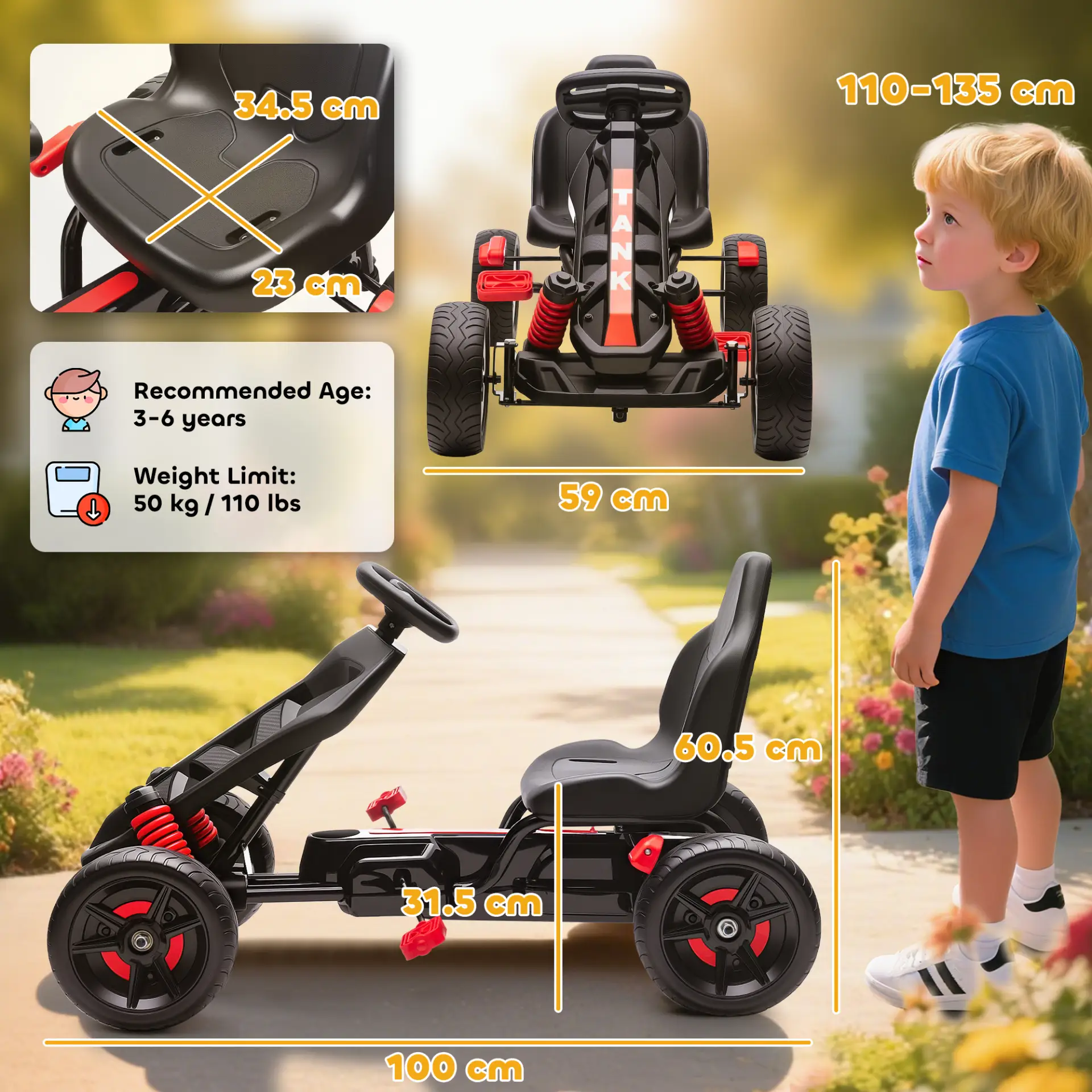 AIYAPLAY Pedal Go Kart for Kids Aged 3-6 Years, with Freewheel System, Brake, EVA Anti-Slip Wheels, Red by All Mart Bristol Ltd