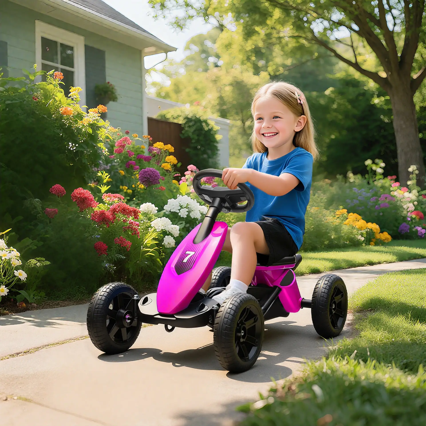 AIYAPLAY Pedal Go Kart for Kids 2-5 Years, with Silent EVA Wheels, Metal Frame, Pink by All Mart Bristol Ltd