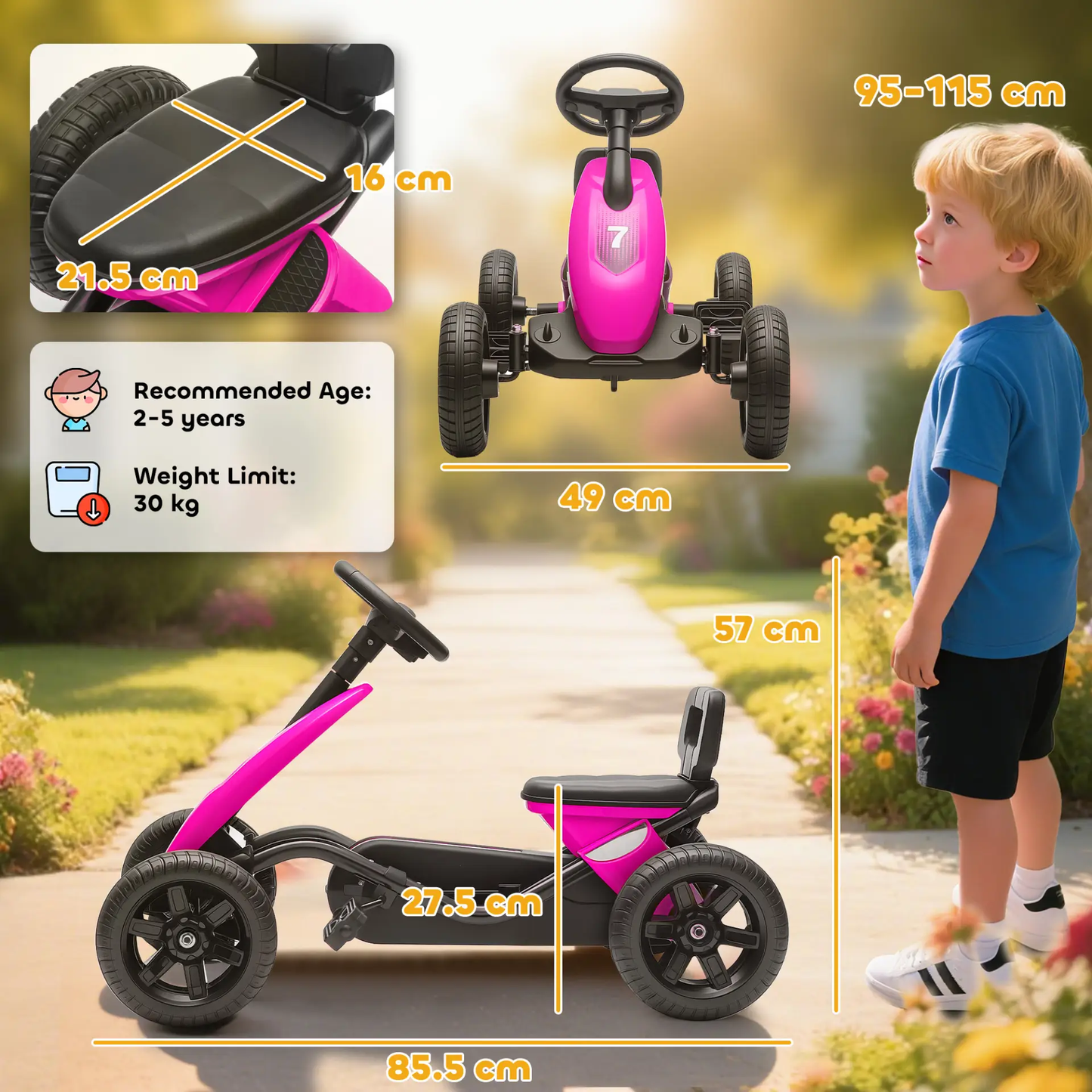 AIYAPLAY Pedal Go Kart for Kids 2-5 Years, with Silent EVA Wheels, Metal Frame, Pink by All Mart Bristol Ltd