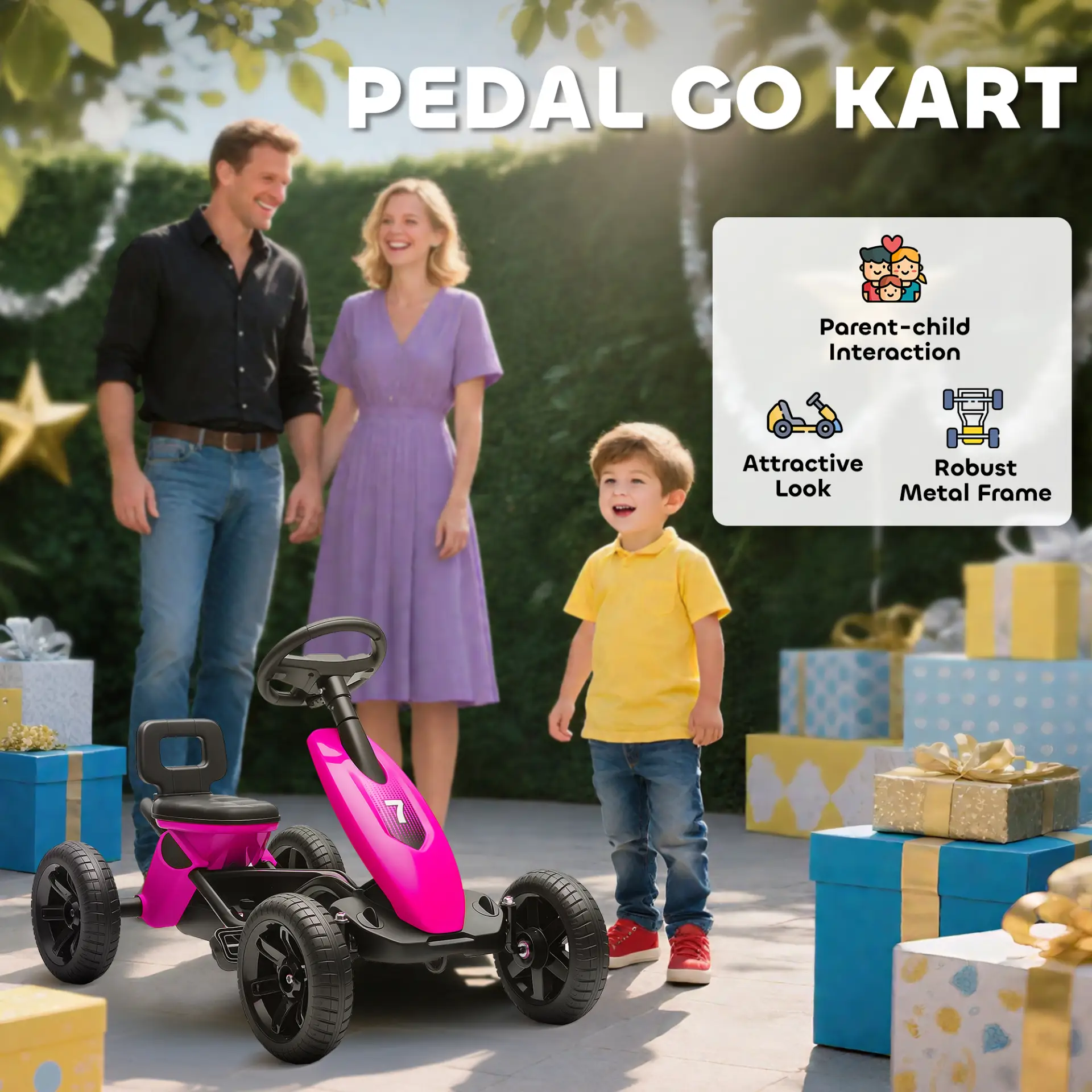AIYAPLAY Pedal Go Kart for Kids 2-5 Years, with Silent EVA Wheels, Metal Frame, Pink by All Mart Bristol Ltd