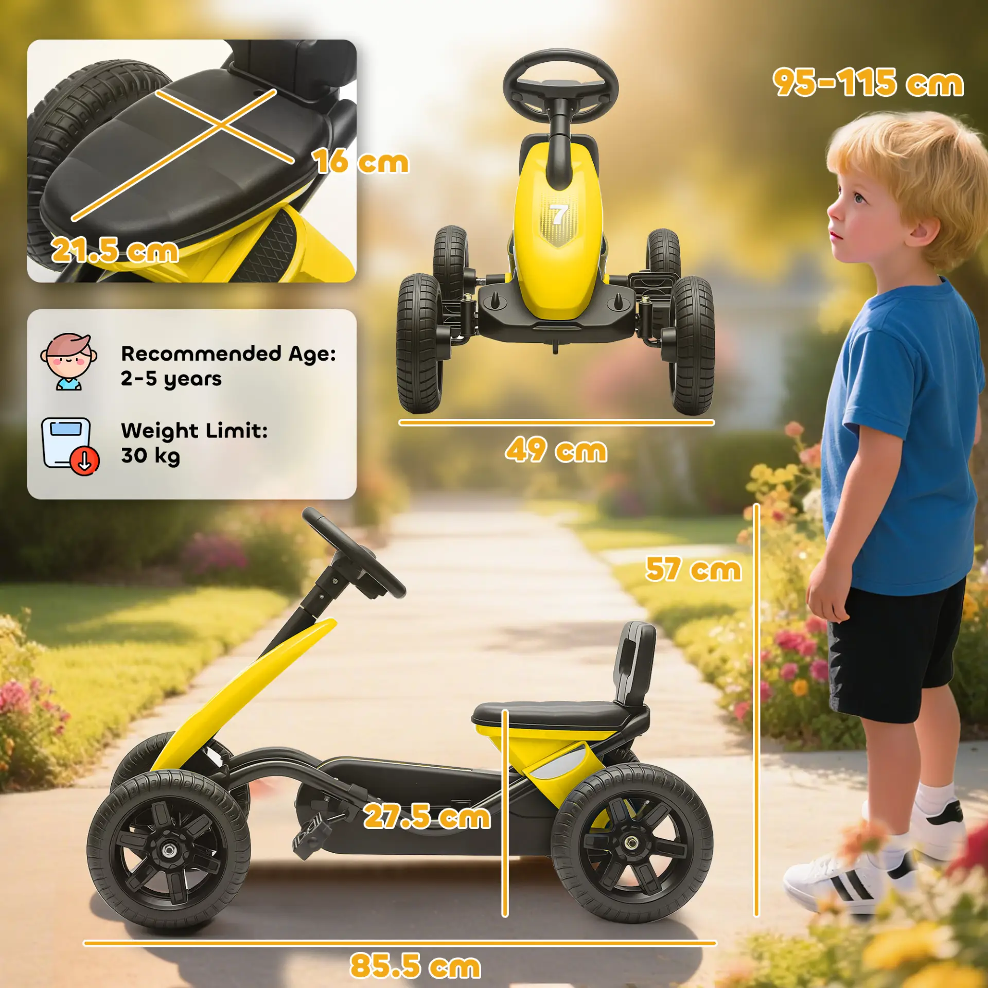 AIYAPLAY Pedal Go Kart for Kids 2-5 Years, with Silent EVA Wheels, Metal Frame, Yellow by All Mart Bristol Ltd
