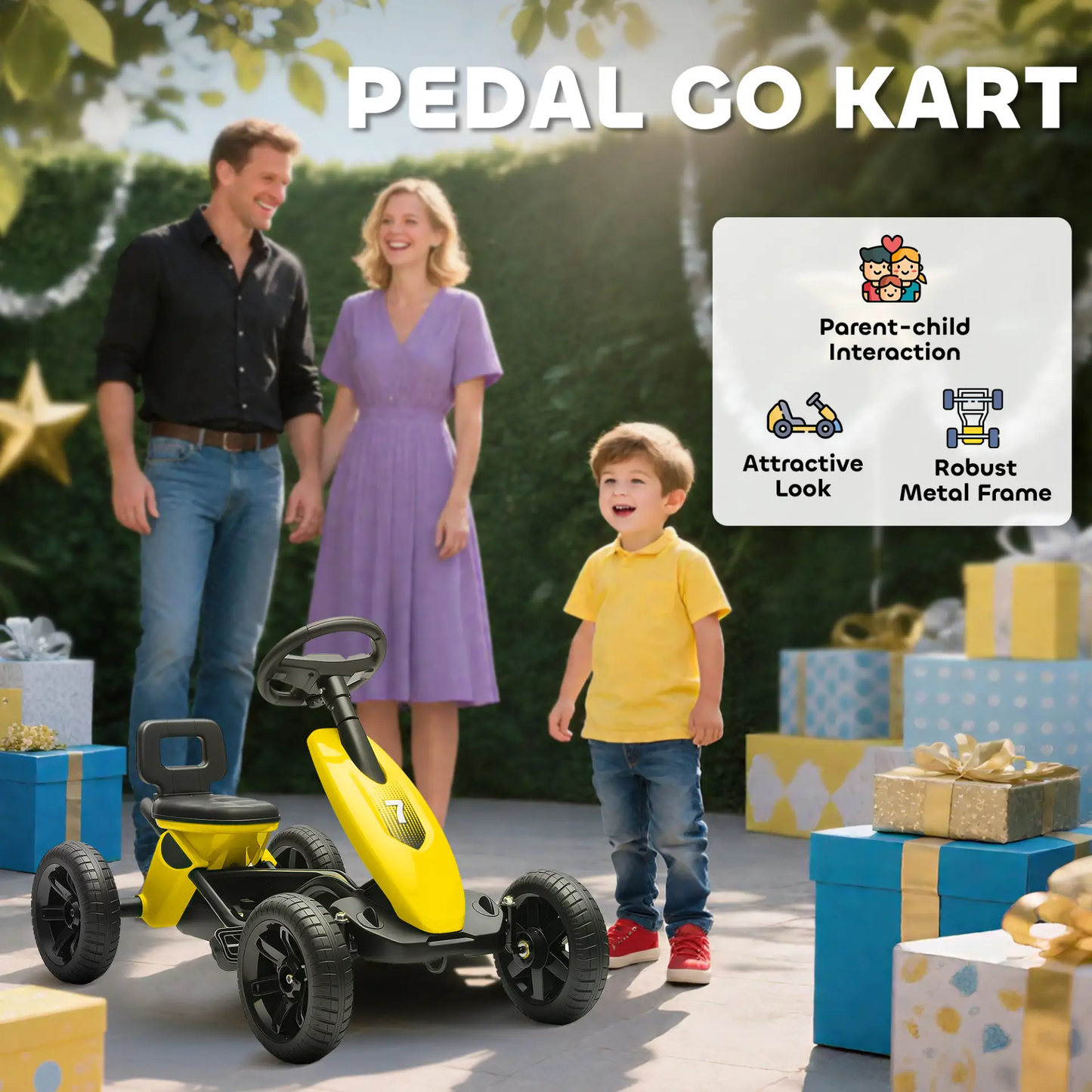 AIYAPLAY Pedal Go Kart for Kids 2-5 Years, with Silent EVA Wheels, Metal Frame, Yellow by All Mart Bristol Ltd
