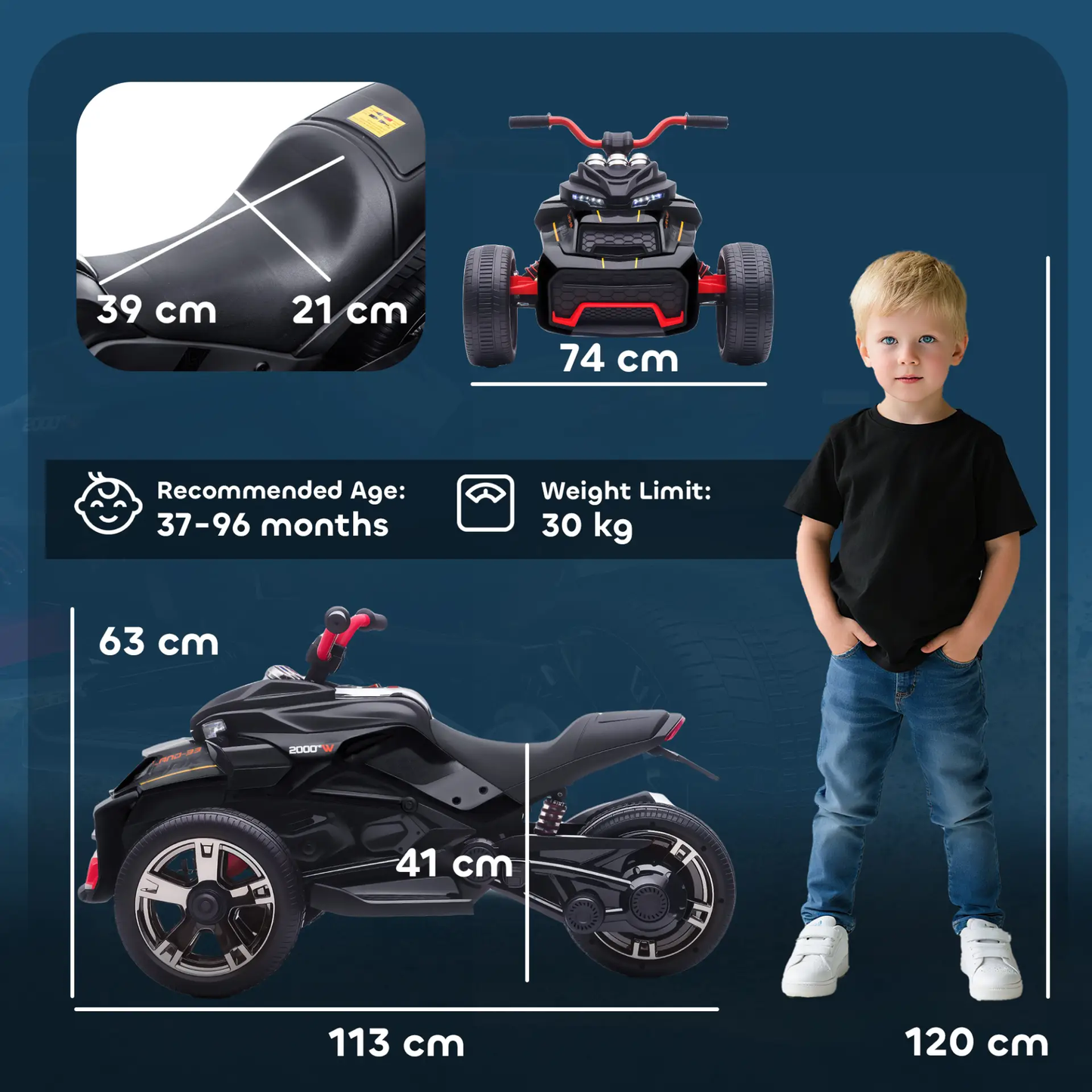 AIYAPLAY 12V Kids Electric Ride On Car with 3 Wheeler, MP3 Player, Horn, 2 Speeds, LED Lights for Boys & Girls Ages 3-8, Black by All Mart Bristol Ltd