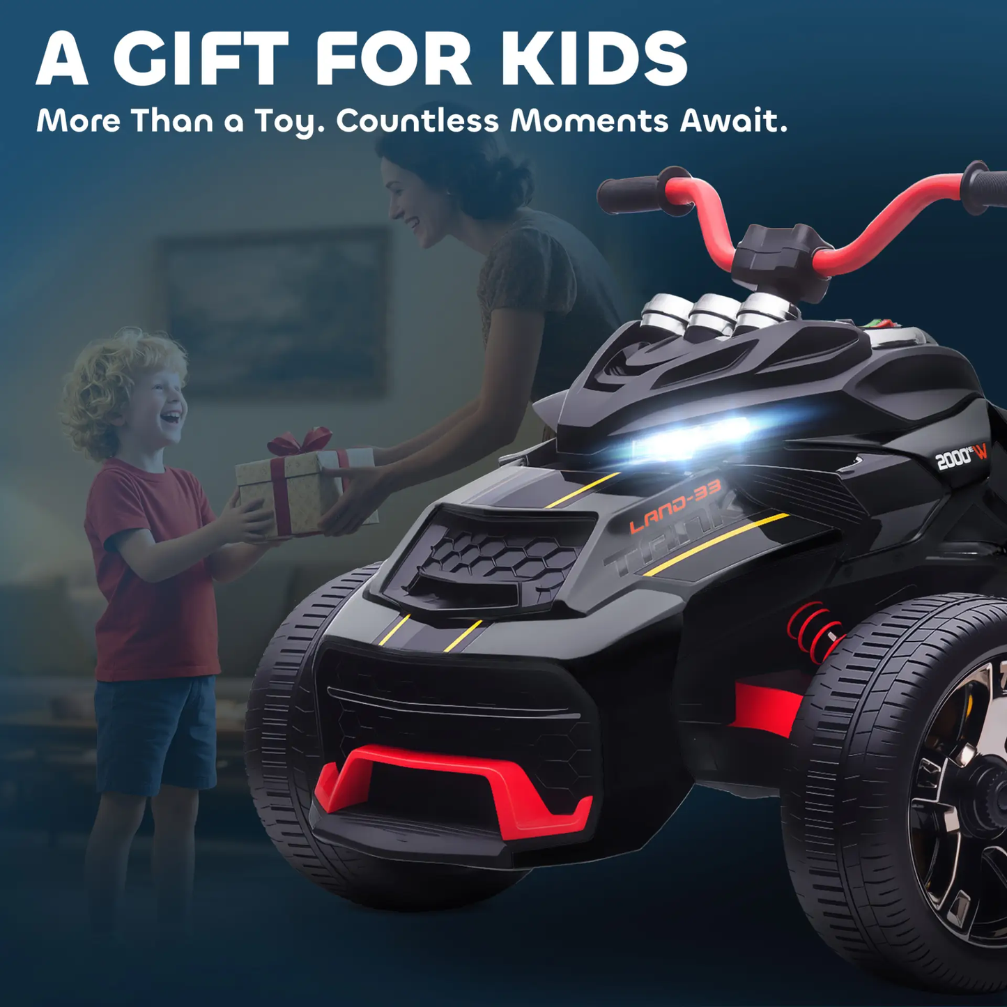 AIYAPLAY 12V Kids Electric Ride On Car with 3 Wheeler, MP3 Player, Horn, 2 Speeds, LED Lights for Boys & Girls Ages 3-8, Black by All Mart Bristol Ltd