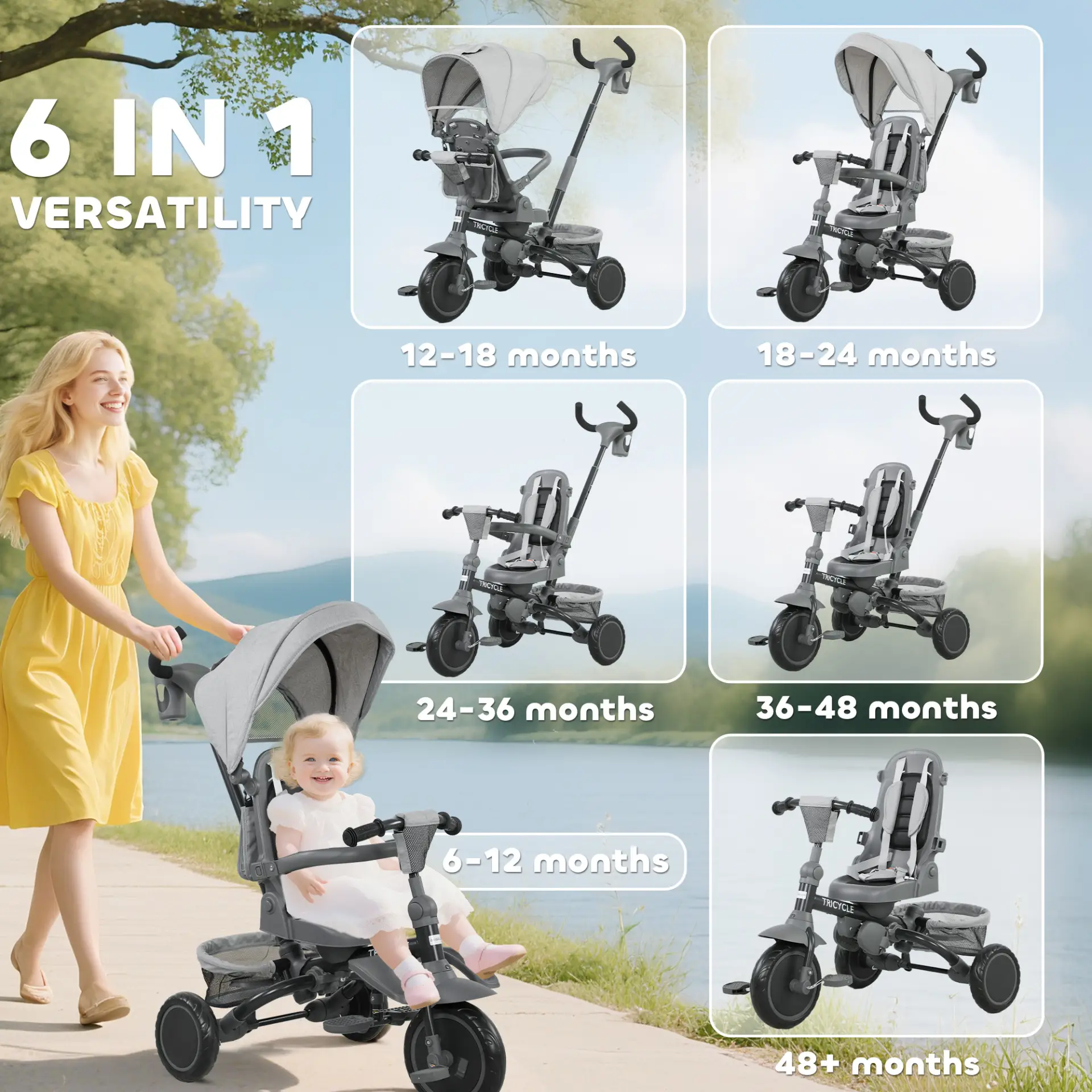 AIYAPLAY 6 in 1 Foldable Kids Trike with Adjustable Parent Handle & Canopy for Ages 1-5, Grey by All Mart Bristol Ltd