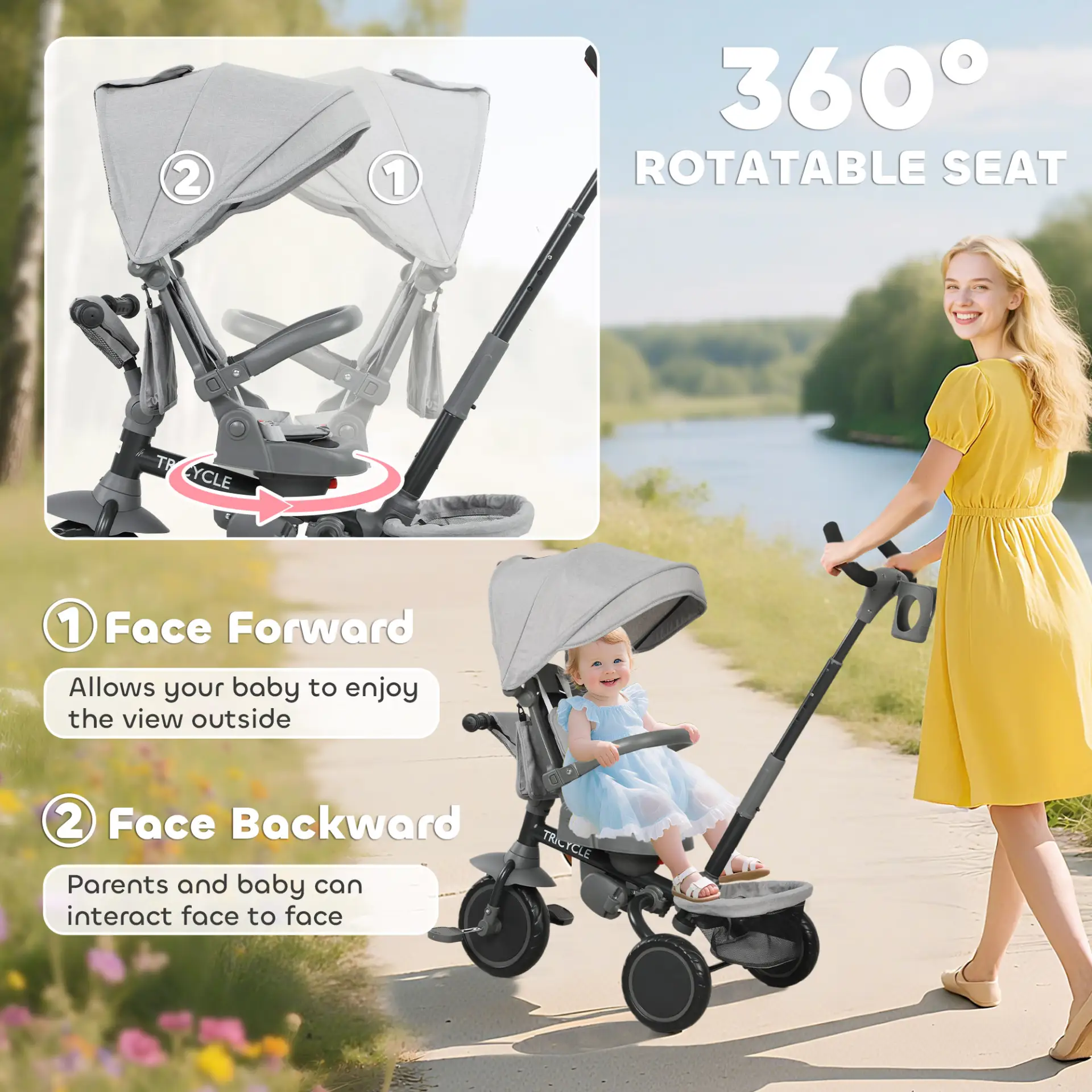 AIYAPLAY 6 in 1 Foldable Kids Trike with Adjustable Parent Handle & Canopy for Ages 1-5, Grey by All Mart Bristol Ltd