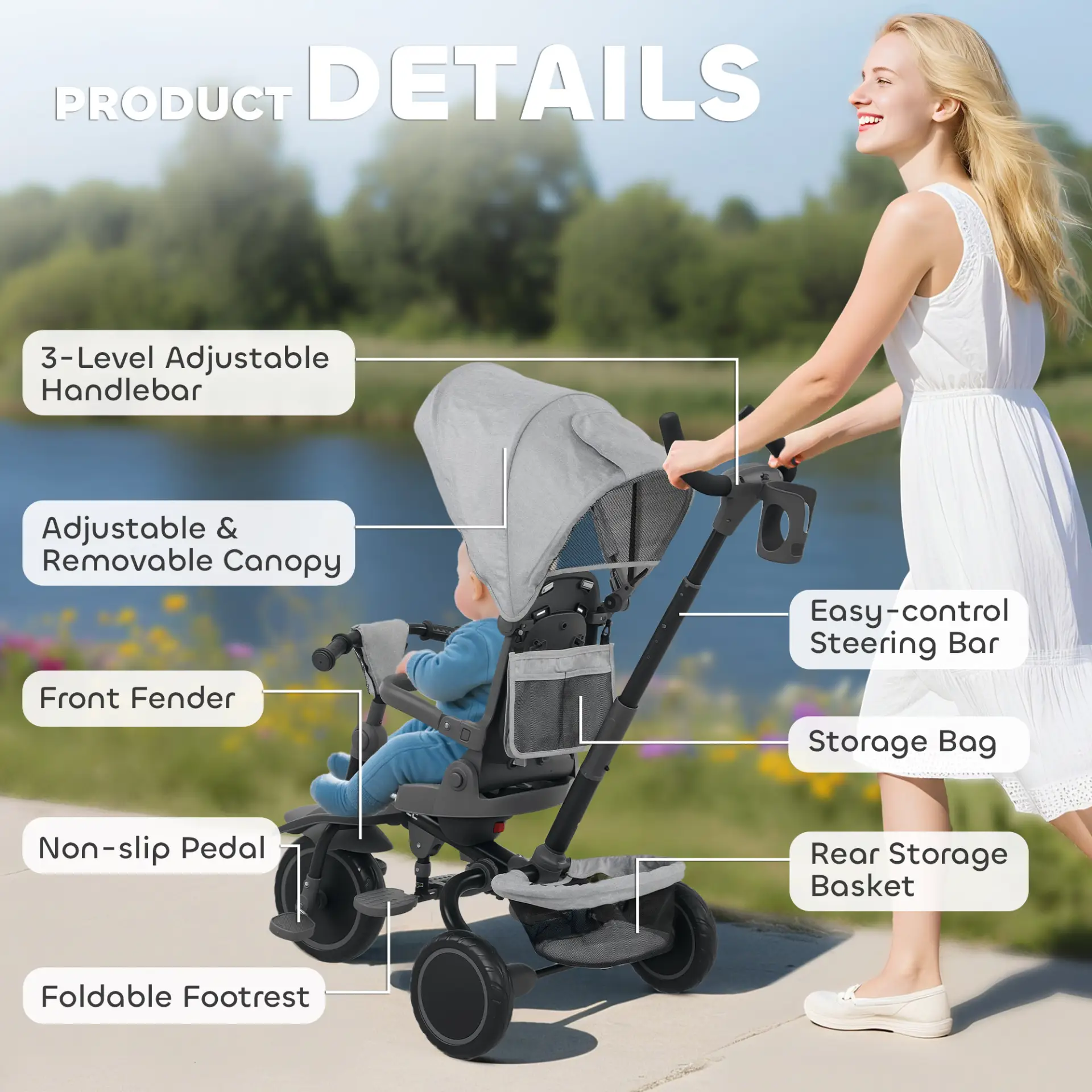 AIYAPLAY 6 in 1 Foldable Kids Trike with Adjustable Parent Handle & Canopy for Ages 1-5, Grey by All Mart Bristol Ltd
