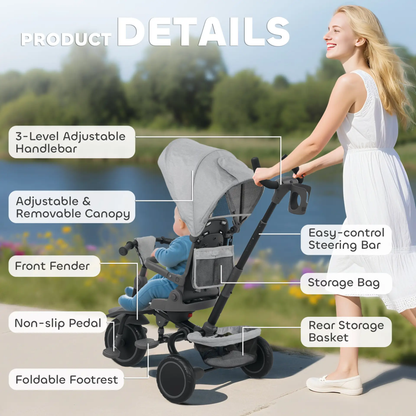 AIYAPLAY 6 in 1 Foldable Kids Trike with Adjustable Parent Handle & Canopy for Ages 1-5, Grey by All Mart Bristol Ltd