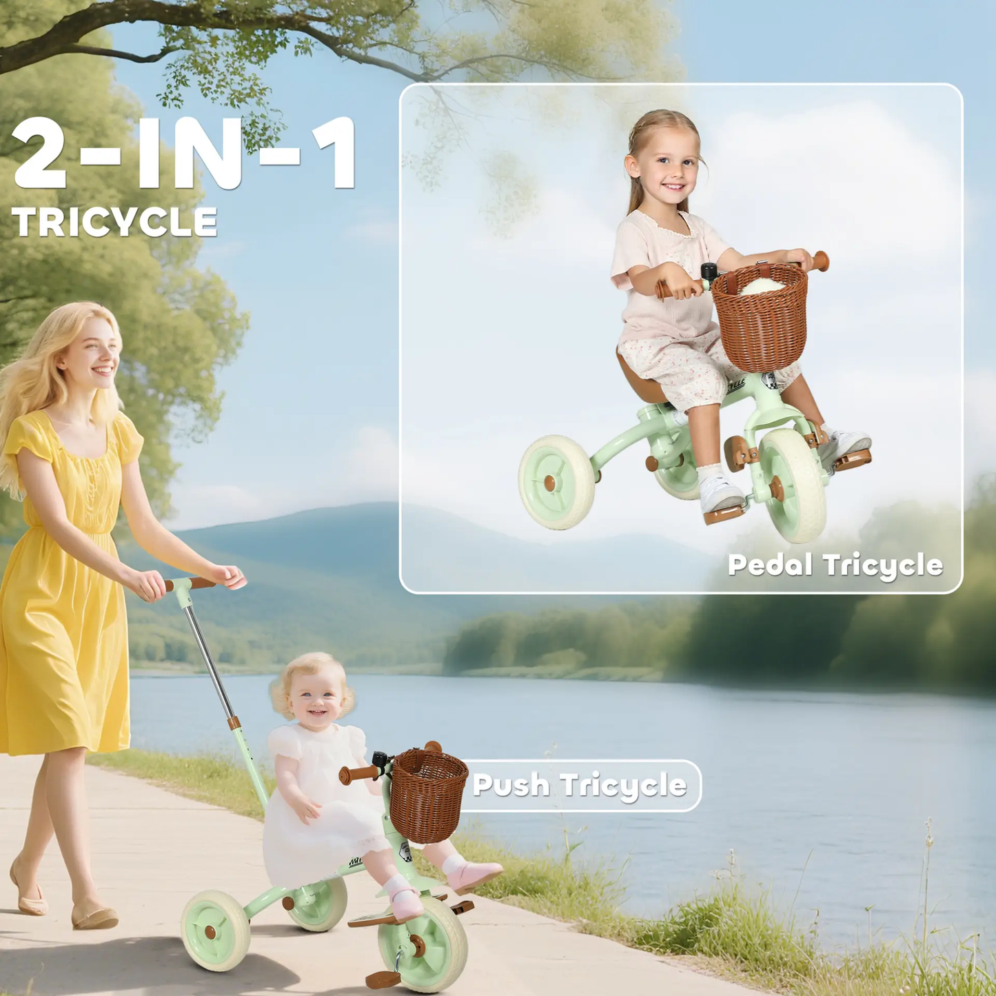 AIYAPLAY 2-In-1 Toddler Trike for 2-5 Years Old, 3 Wheel Bike with Adjustable Parent Handle, Basket for Boys and Girls, Green by All Mart Bristol Ltd