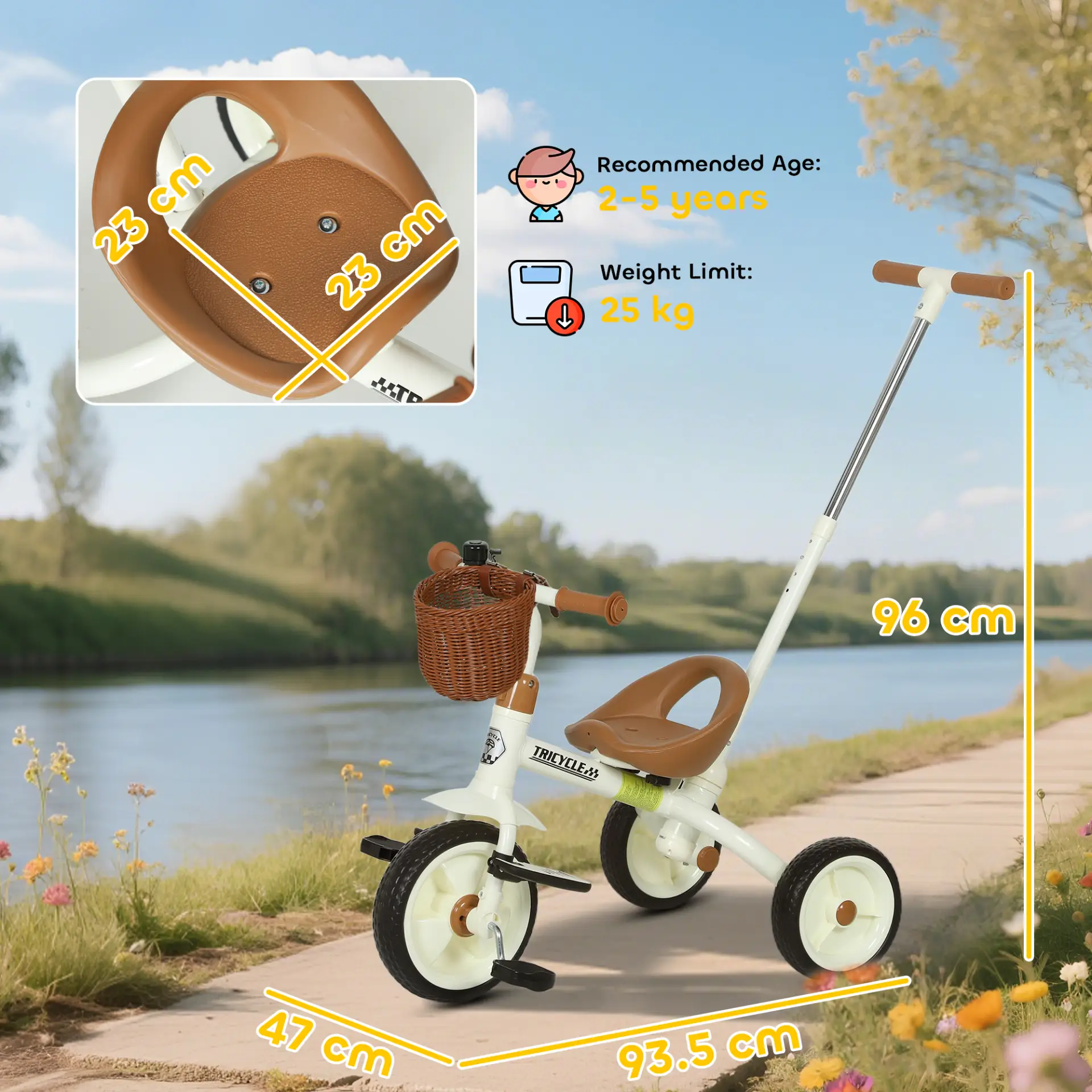 AIYAPLAY 2-In-1 Toddler Trike for 2-5 Years Old, 3 Wheel Bike with Adjustable Parent Handle, Basket for Boys and Girls, White by All Mart Bristol Ltd