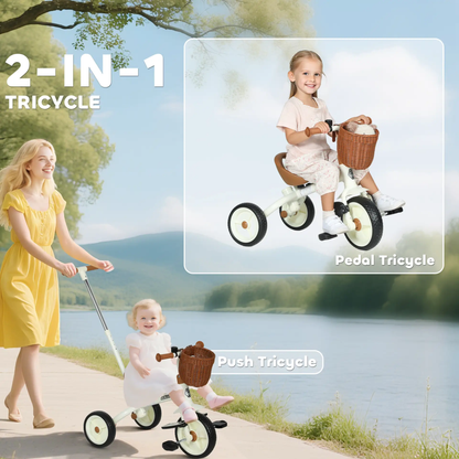 AIYAPLAY 2-In-1 Toddler Trike for 2-5 Years Old, 3 Wheel Bike with Adjustable Parent Handle, Basket for Boys and Girls, White by All Mart Bristol Ltd