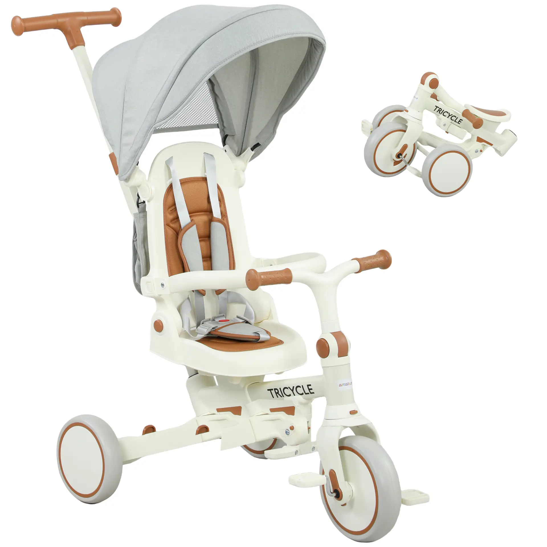 AIYAPLAY 5 in 1 Kids Trike with Adjustable Backrest, Toddler Tricycle with Push Handlebar, Adjustable Backrest, Cream White by All Mart Bristol Ltd