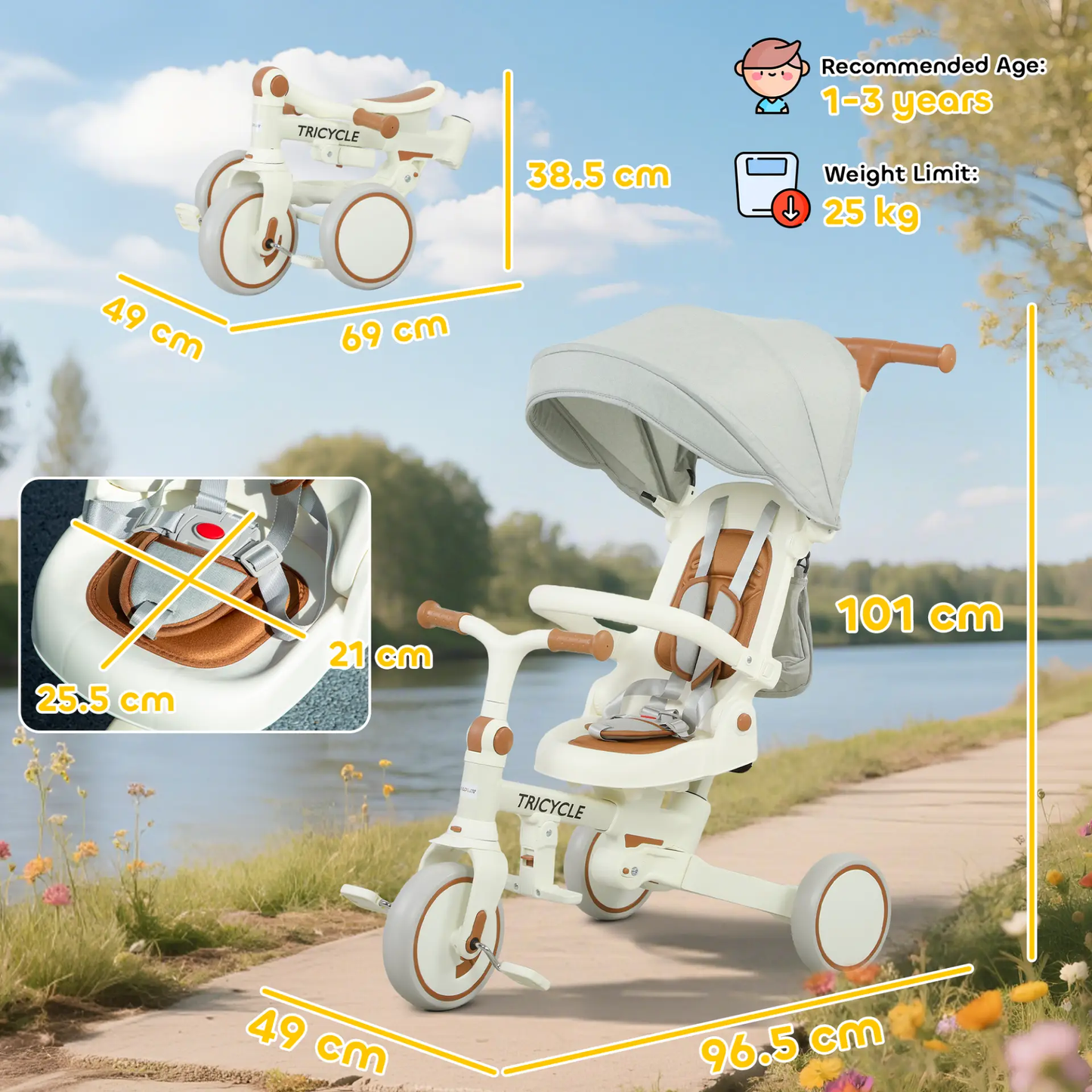 AIYAPLAY 5 in 1 Kids Trike with Adjustable Backrest, Toddler Tricycle with Push Handlebar, Adjustable Backrest, Cream White by All Mart Bristol Ltd