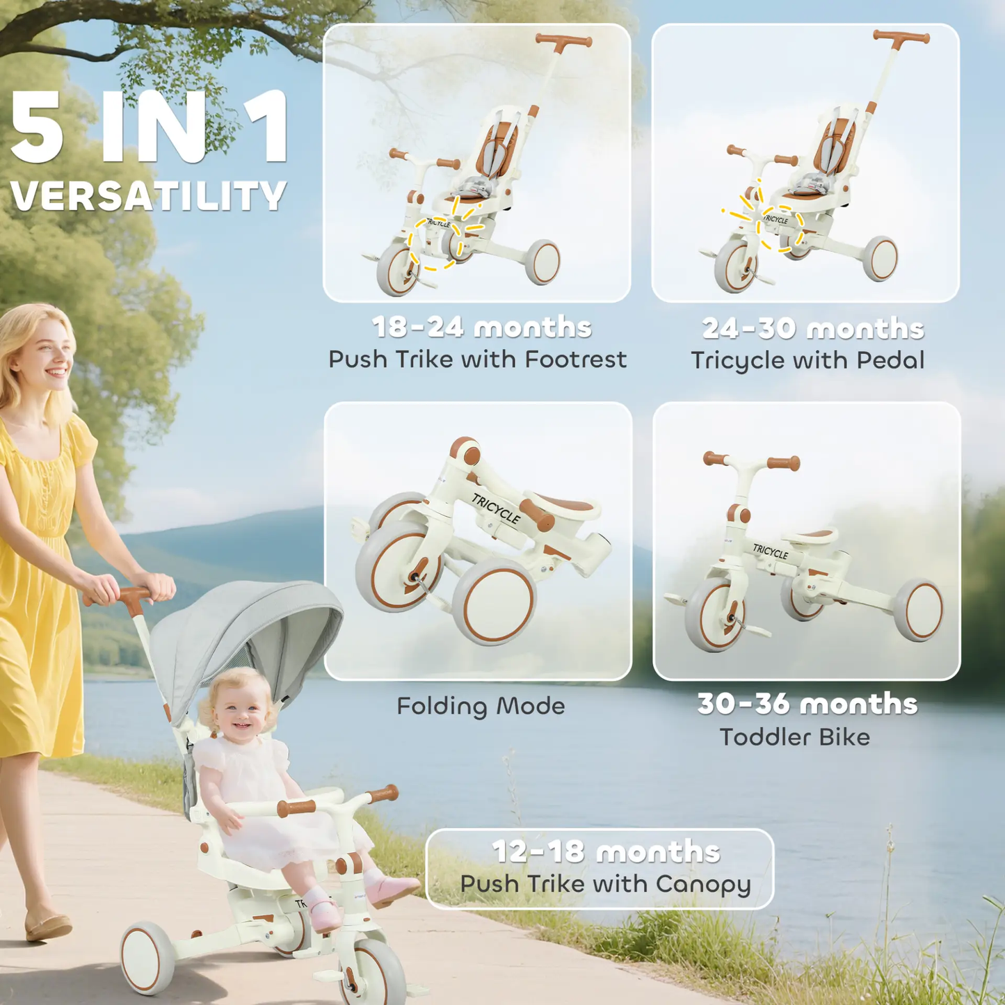 AIYAPLAY 5 in 1 Kids Trike with Adjustable Backrest, Toddler Tricycle with Push Handlebar, Adjustable Backrest, Cream White by All Mart Bristol Ltd