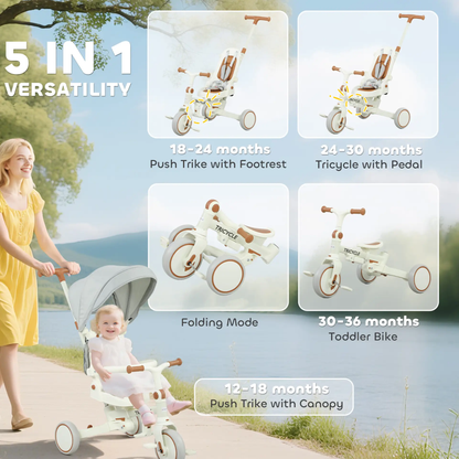 AIYAPLAY 5 in 1 Kids Trike with Adjustable Backrest, Toddler Tricycle with Push Handlebar, Adjustable Backrest, Cream White by All Mart Bristol Ltd