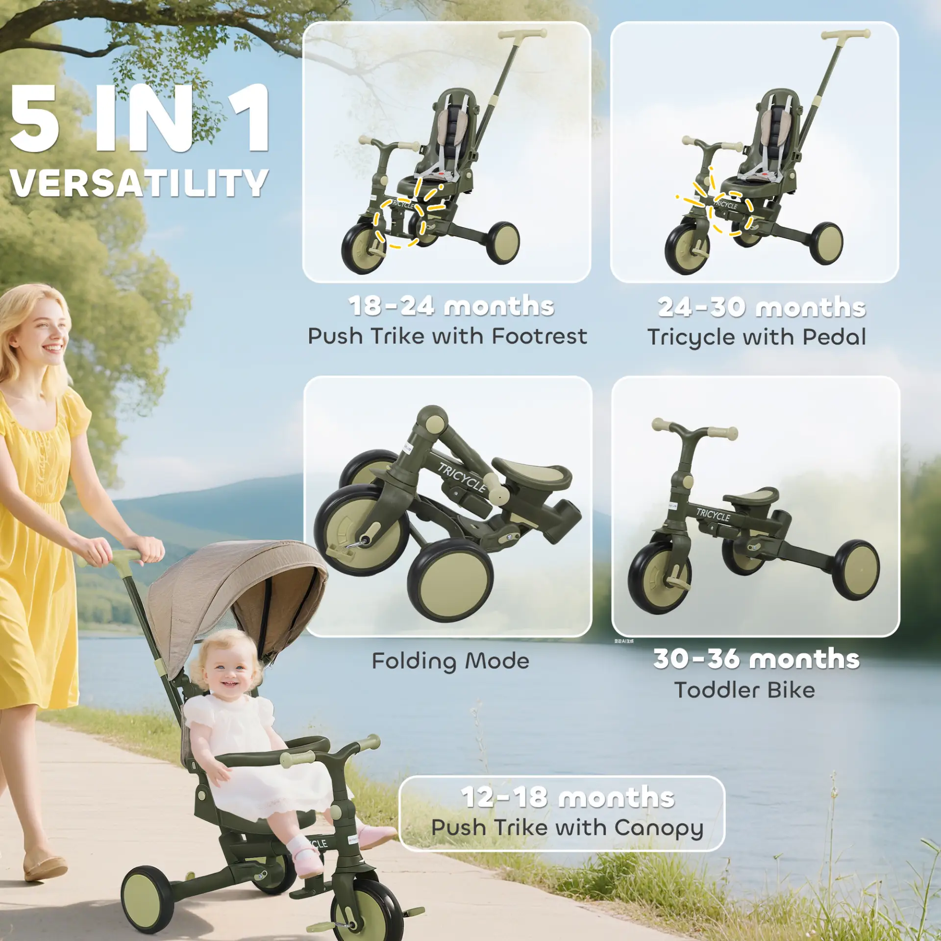 AIYAPLAY 5 in 1 Kids Trike with Adjustable Backrest, Toddler Tricycle with Push Handlebar, Adjustable Backrest, Dark Green by All Mart Bristol Ltd