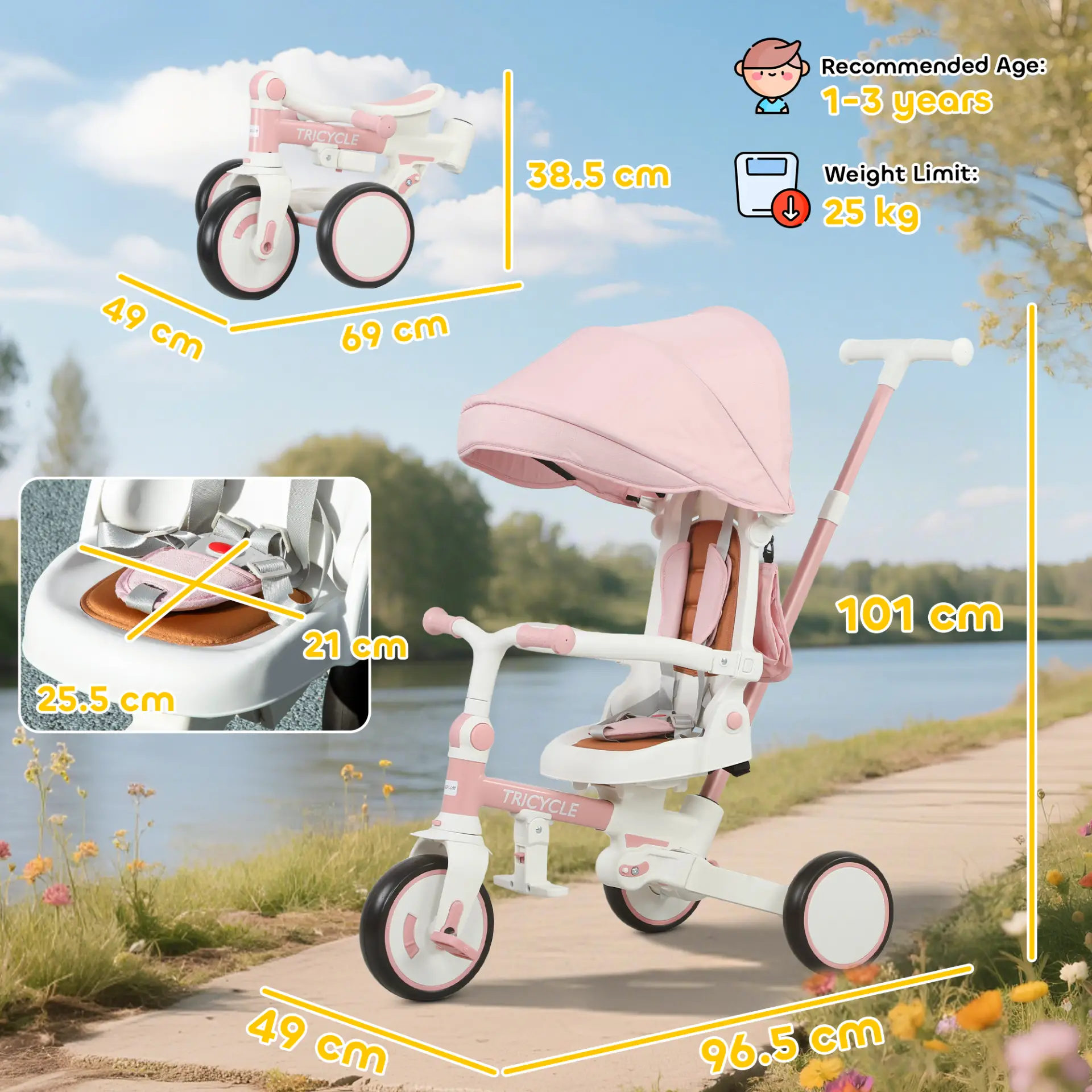 AIYAPLAY 5 in 1 Kids Trike with Adjustable Backrest, Toddler Tricycle with Push Handlebar, Adjustable Backrest, Pink by All Mart Bristol Ltd
