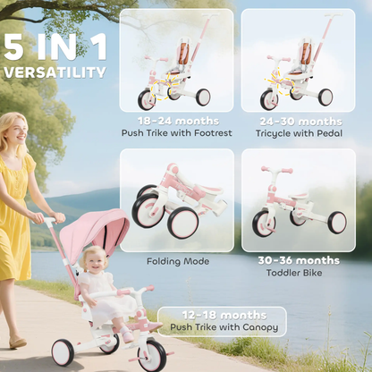 AIYAPLAY 5 in 1 Kids Trike with Adjustable Backrest, Toddler Tricycle with Push Handlebar, Adjustable Backrest, Pink by All Mart Bristol Ltd