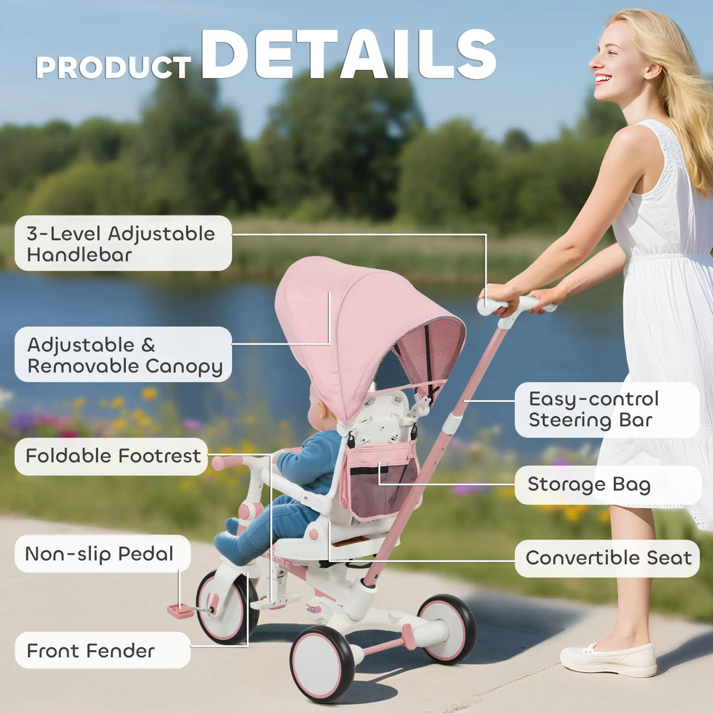 AIYAPLAY 5 in 1 Kids Trike with Adjustable Backrest, Toddler Tricycle with Push Handlebar, Adjustable Backrest, Pink by All Mart Bristol Ltd