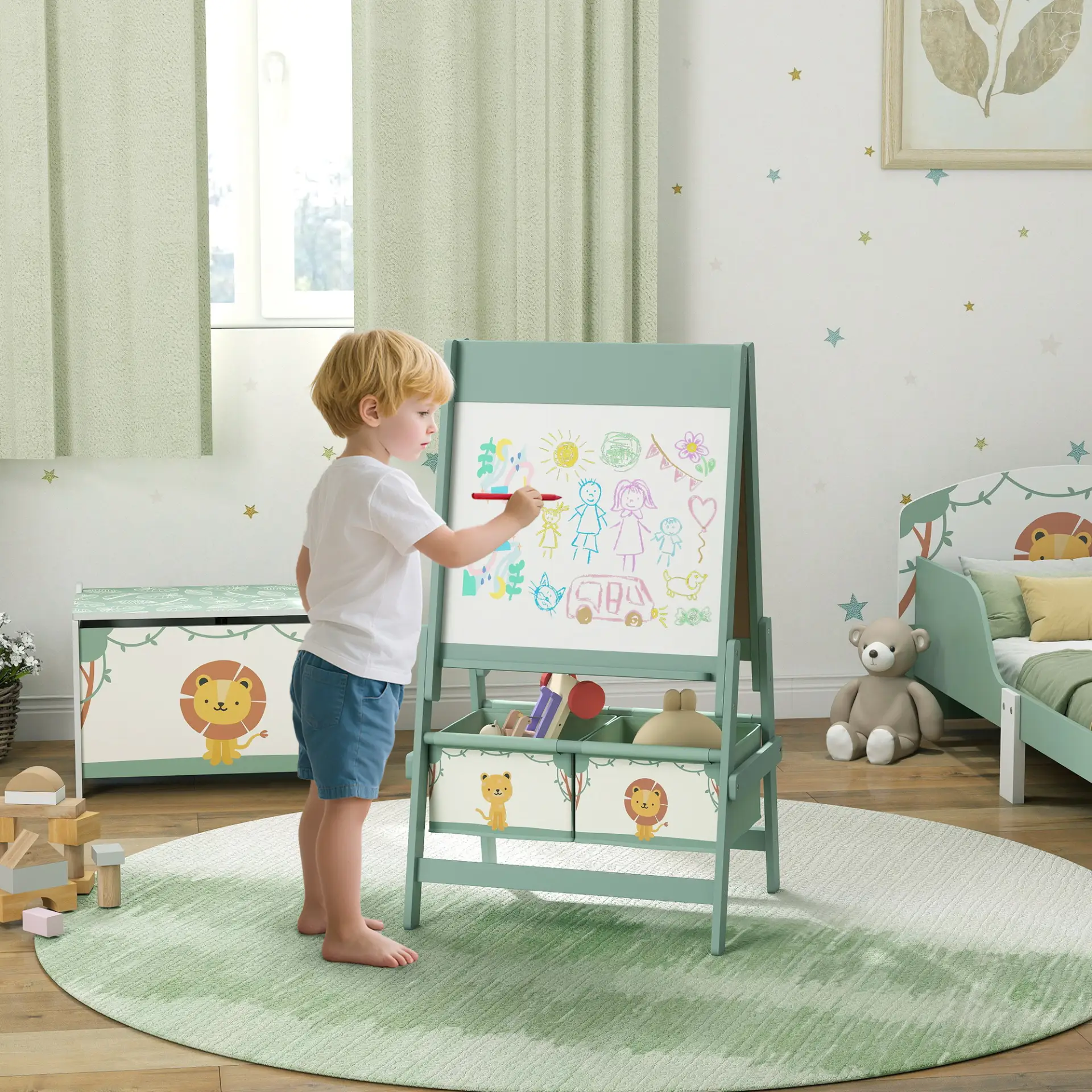 AIYAPLAY Art Easel for Kids, Double-Sided Whiteboard/Blackboard with Paper Roll, Two Storage Boxes, for Ages 3-8 Years, Green by All Mart Bristol Ltd
