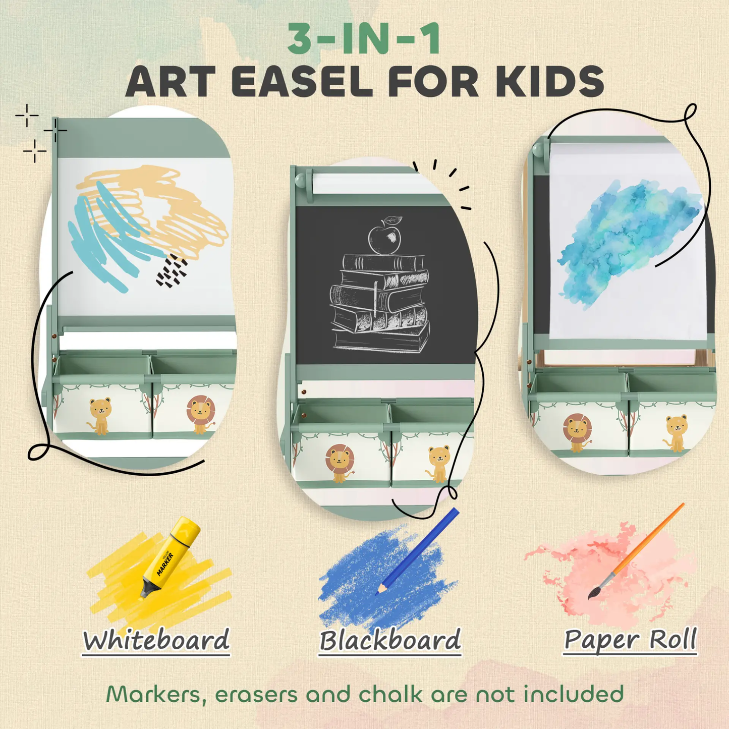AIYAPLAY Art Easel for Kids, Double-Sided Whiteboard/Blackboard with Paper Roll, Two Storage Boxes, for Ages 3-8 Years, Green by All Mart Bristol Ltd