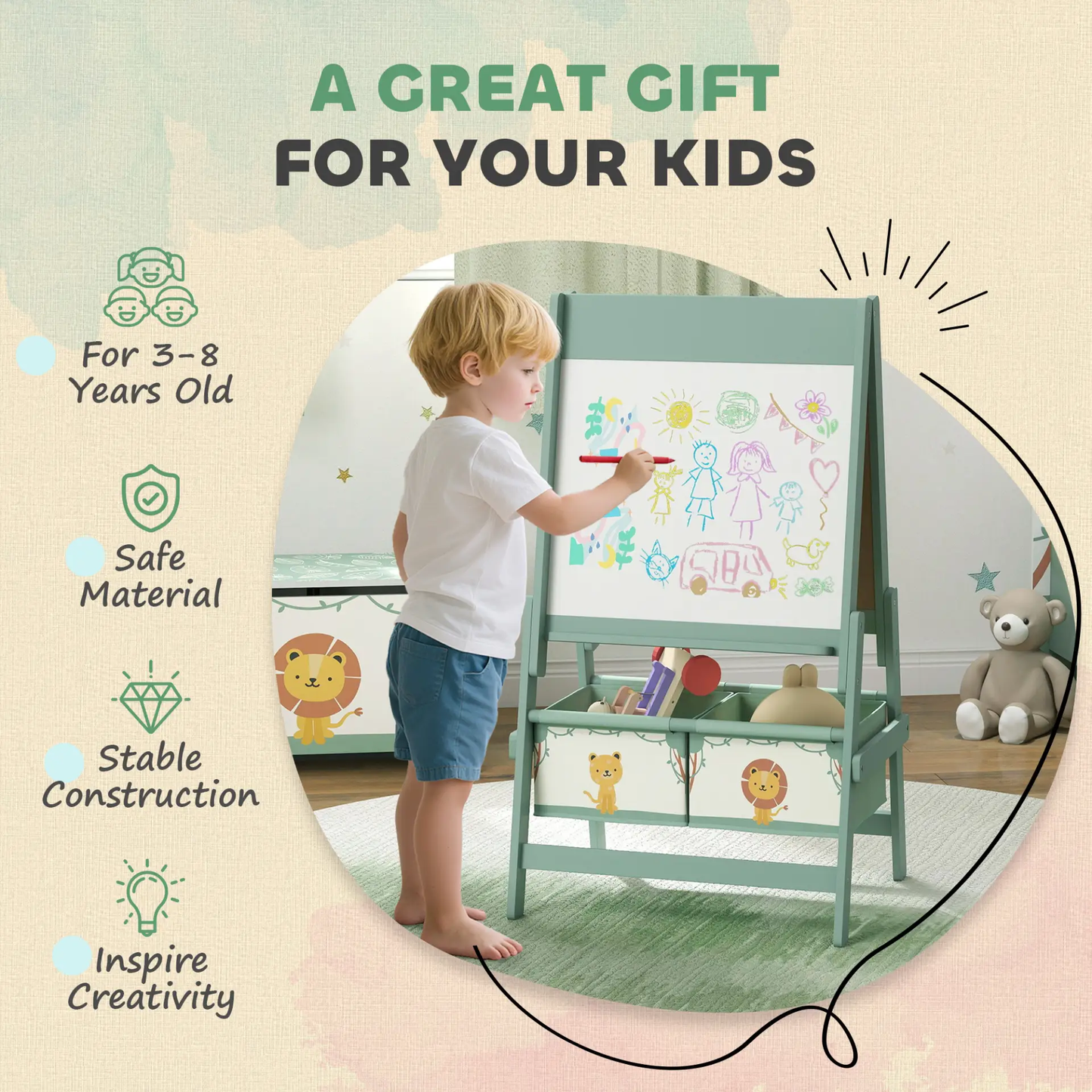 AIYAPLAY Art Easel for Kids, Double-Sided Whiteboard/Blackboard with Paper Roll, Two Storage Boxes, for Ages 3-8 Years, Green by All Mart Bristol Ltd