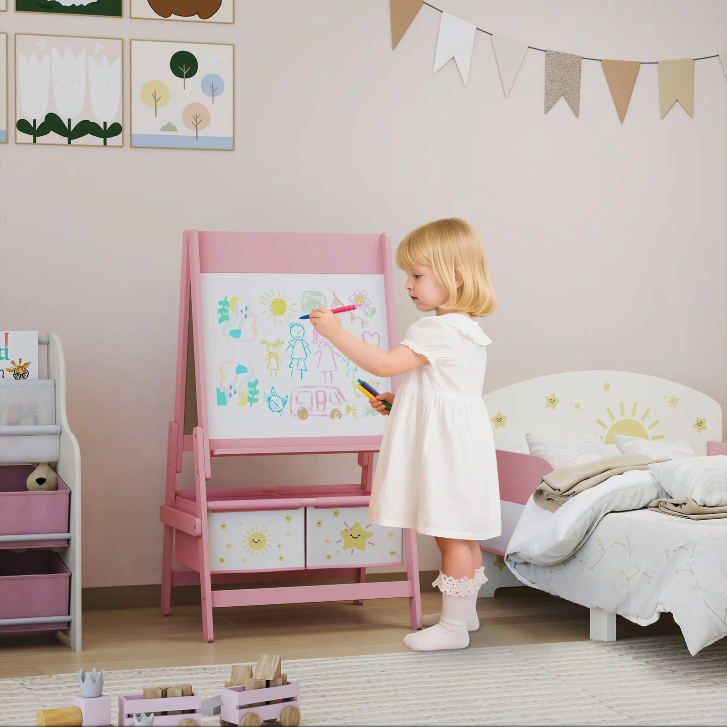 AIYAPLAY Art Easel for Kids, Double-Sided Whiteboard/Blackboard with Paper Roll, Two Storage Boxes, for Ages 3-8 Years, Pink by All Mart Bristol Ltd