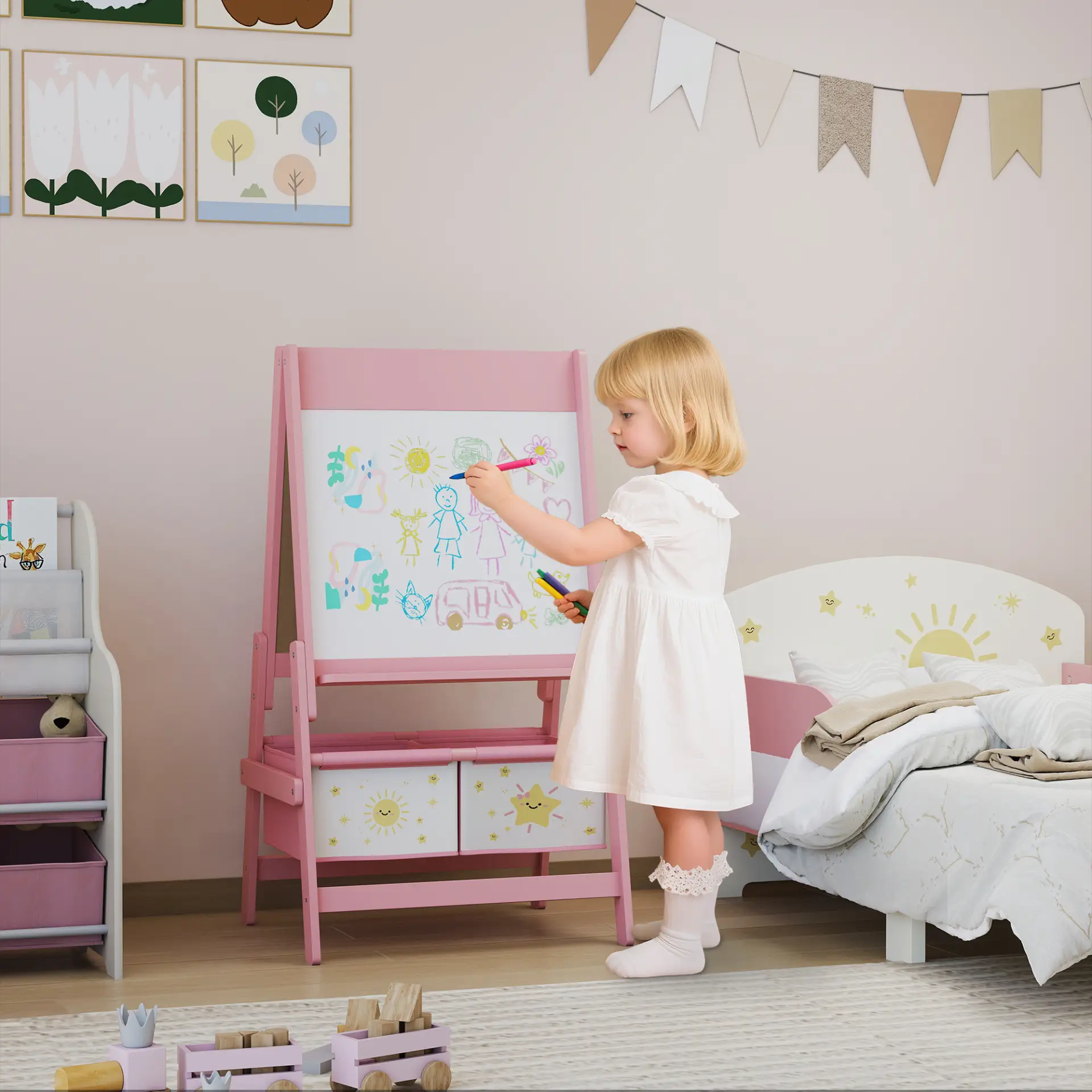 AIYAPLAY Art Easel for Kids, Double-Sided Whiteboard/Blackboard with Paper Roll, Two Storage Boxes, for Ages 3-8 Years, Pink by All Mart Bristol Ltd