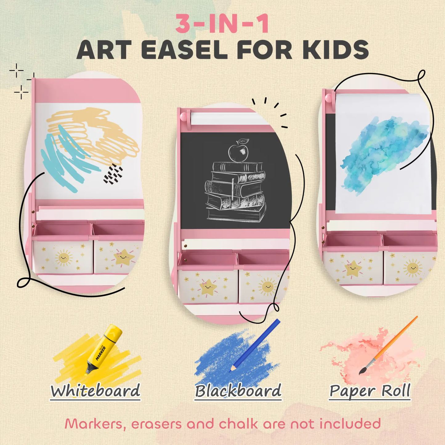 AIYAPLAY Art Easel for Kids, Double-Sided Whiteboard/Blackboard with Paper Roll, Two Storage Boxes, for Ages 3-8 Years, Pink by All Mart Bristol Ltd