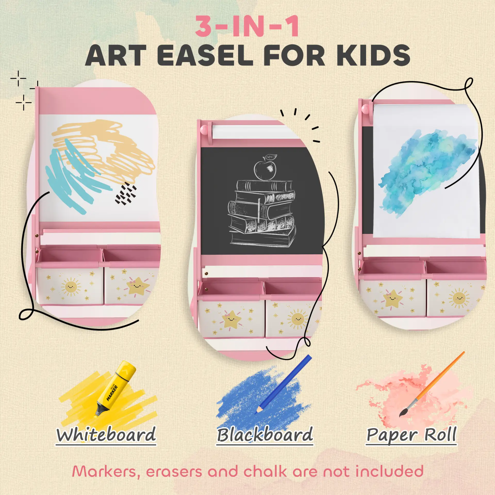 AIYAPLAY Art Easel for Kids, Double-Sided Whiteboard/Blackboard with Paper Roll, Two Storage Boxes, for Ages 3-8 Years, Pink by All Mart Bristol Ltd
