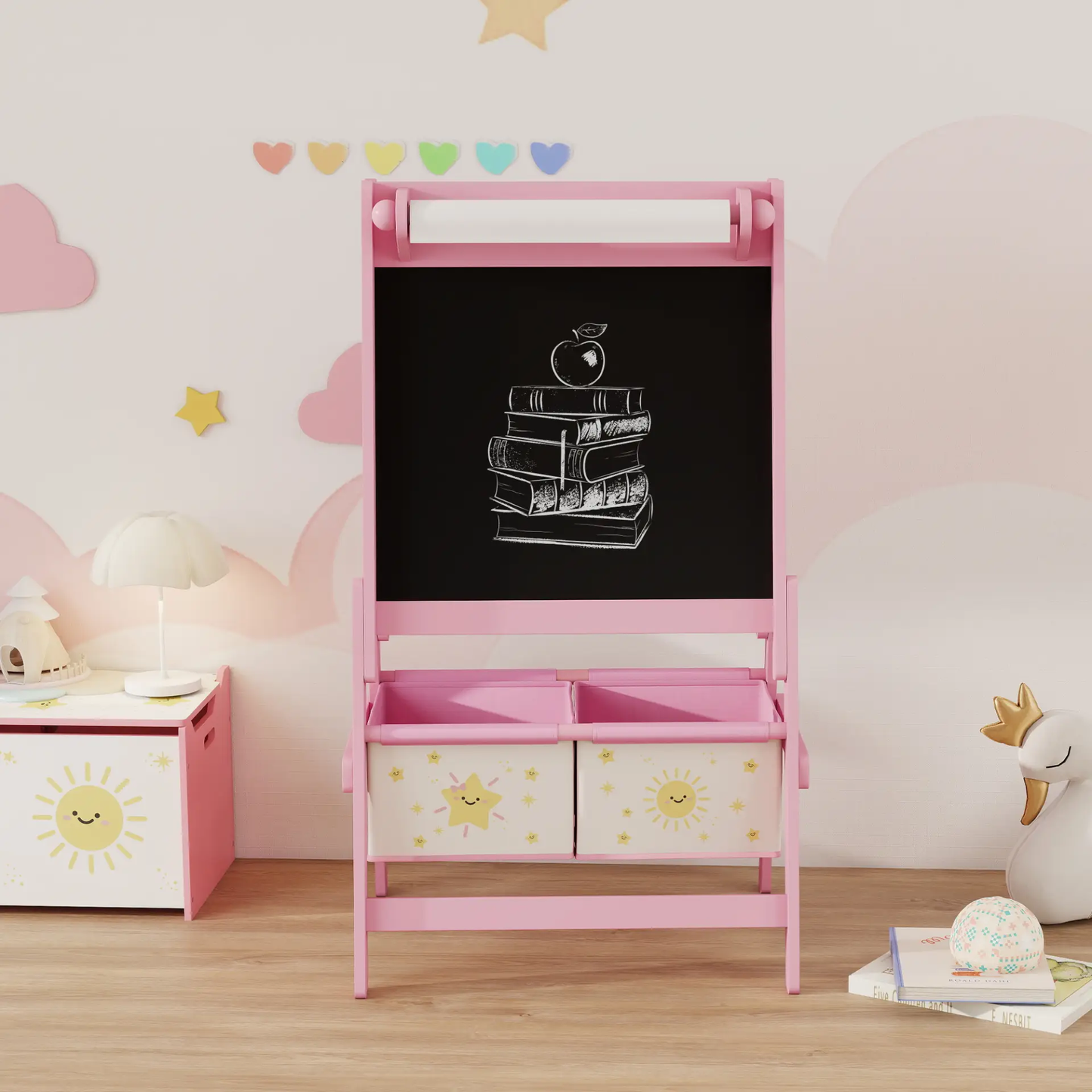 AIYAPLAY Art Easel for Kids, Double-Sided Whiteboard/Blackboard with Paper Roll, Two Storage Boxes, for Ages 3-8 Years, Pink by All Mart Bristol Ltd