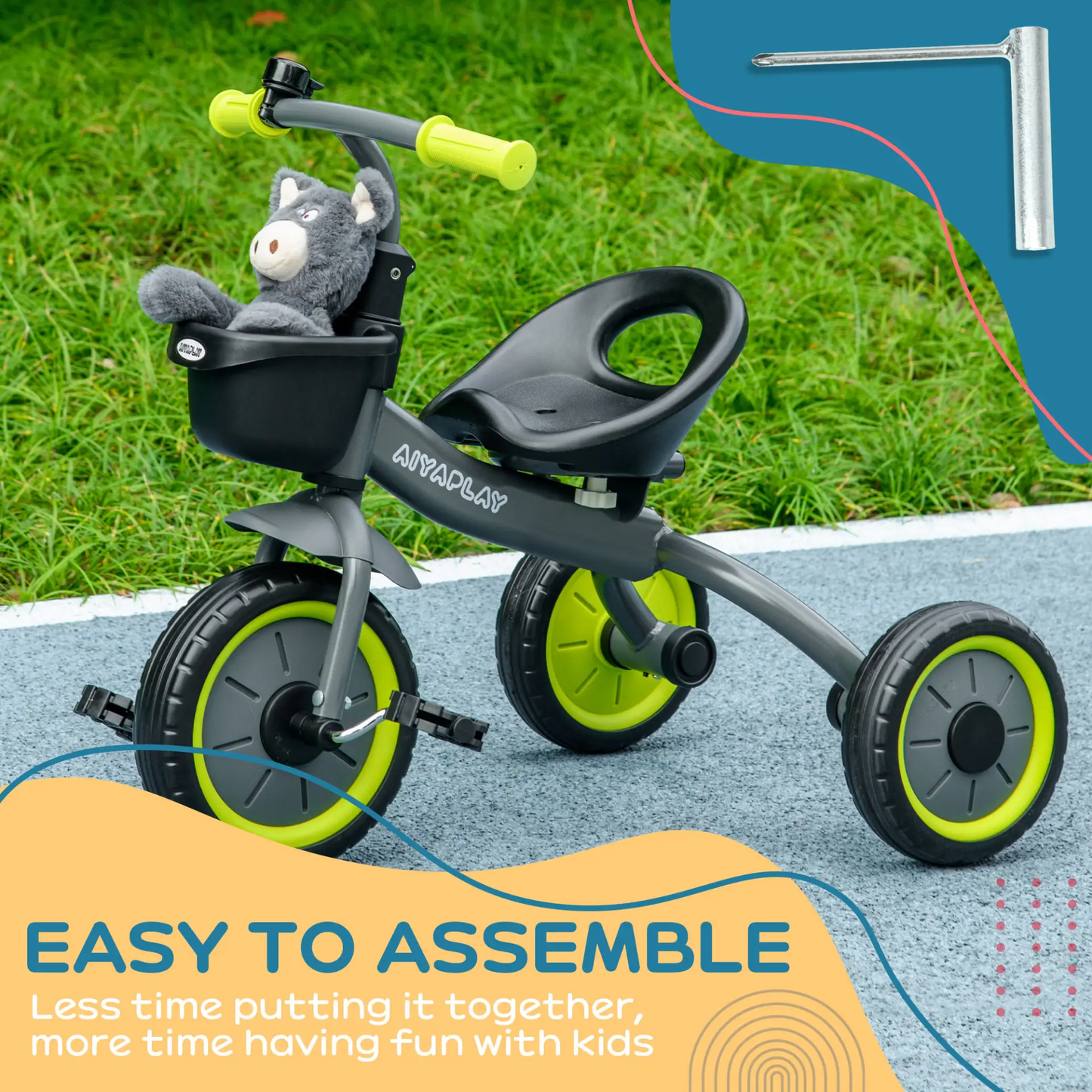 AIYAPLAY Kids Trike, Tricycle, with Adjustable Seat, Basket, Bell, for Ages 2-5 Years - Black by All Mart Bristol Ltd