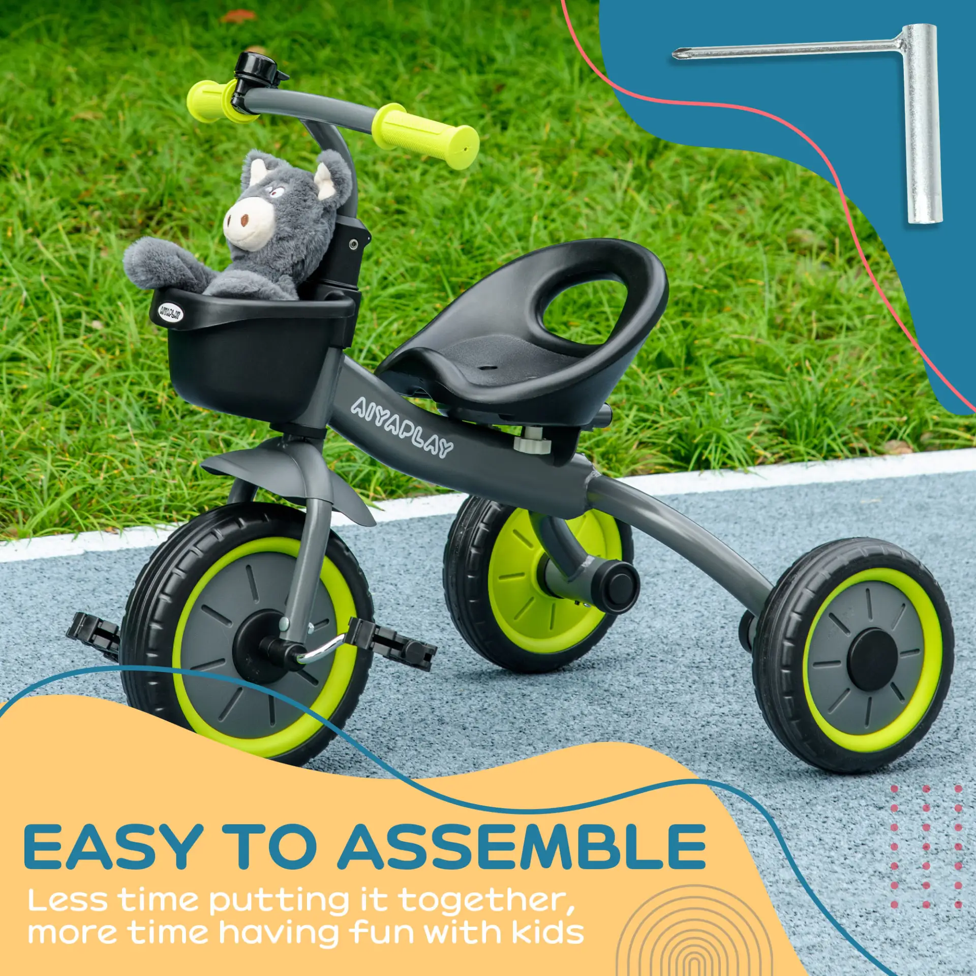 AIYAPLAY Kids Trike, Tricycle, with Adjustable Seat, Basket, Bell, for Ages 2-5 Years - Black by All Mart Bristol Ltd